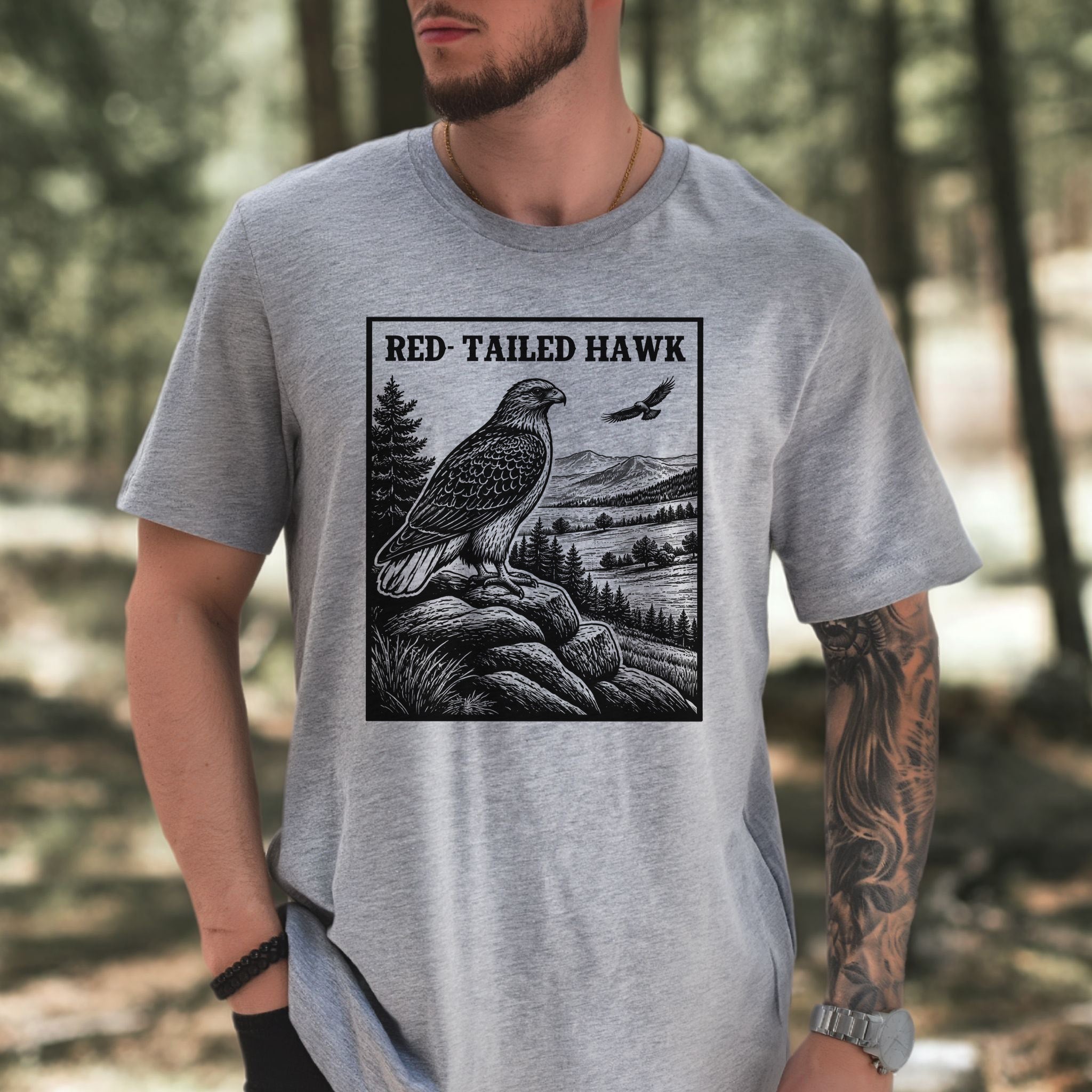 Red-Tailed Hawk Vintage Raptor Illustration Birdwatching T-Shirt