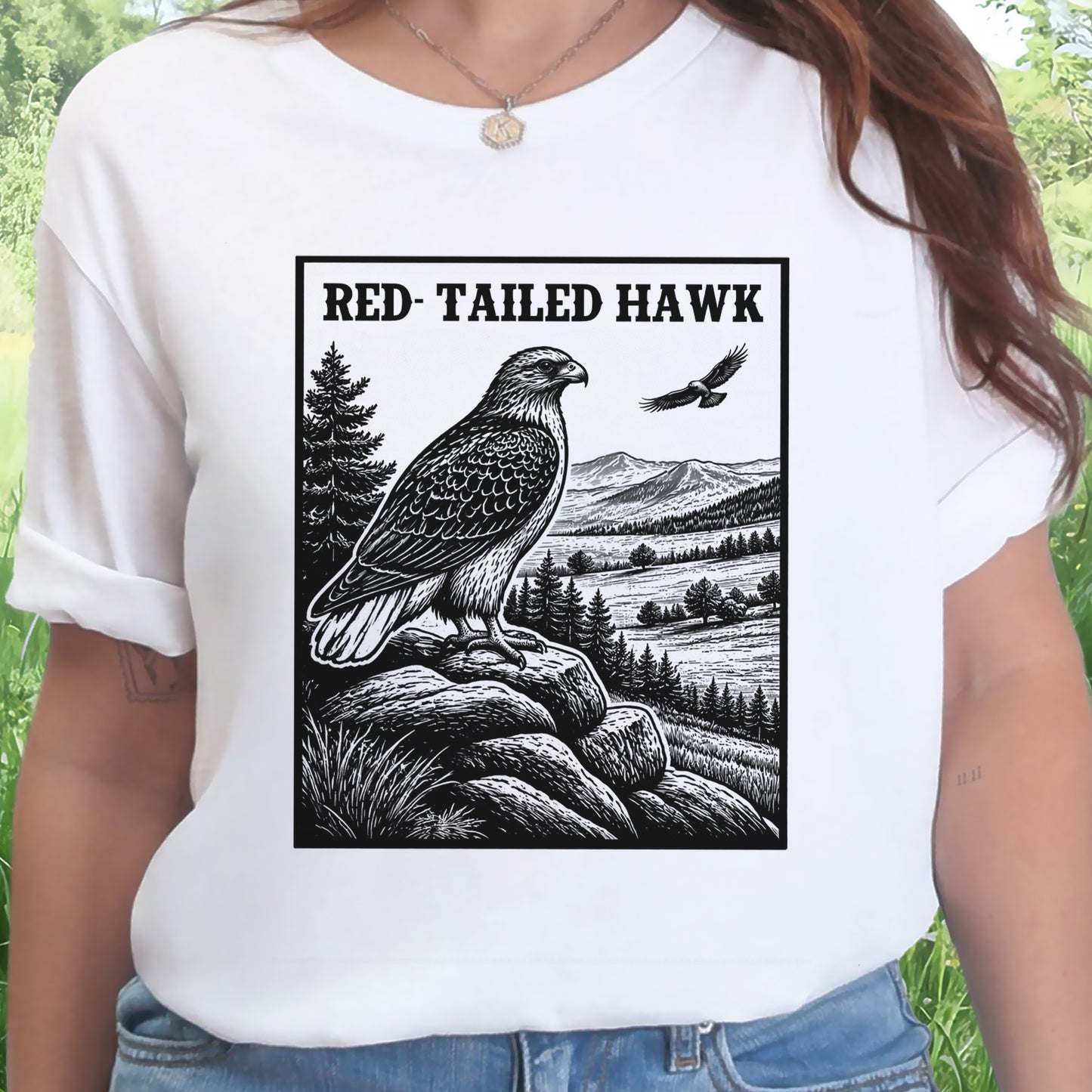 Red-Tailed Hawk Vintage Raptor Illustration Birdwatching T-Shirt