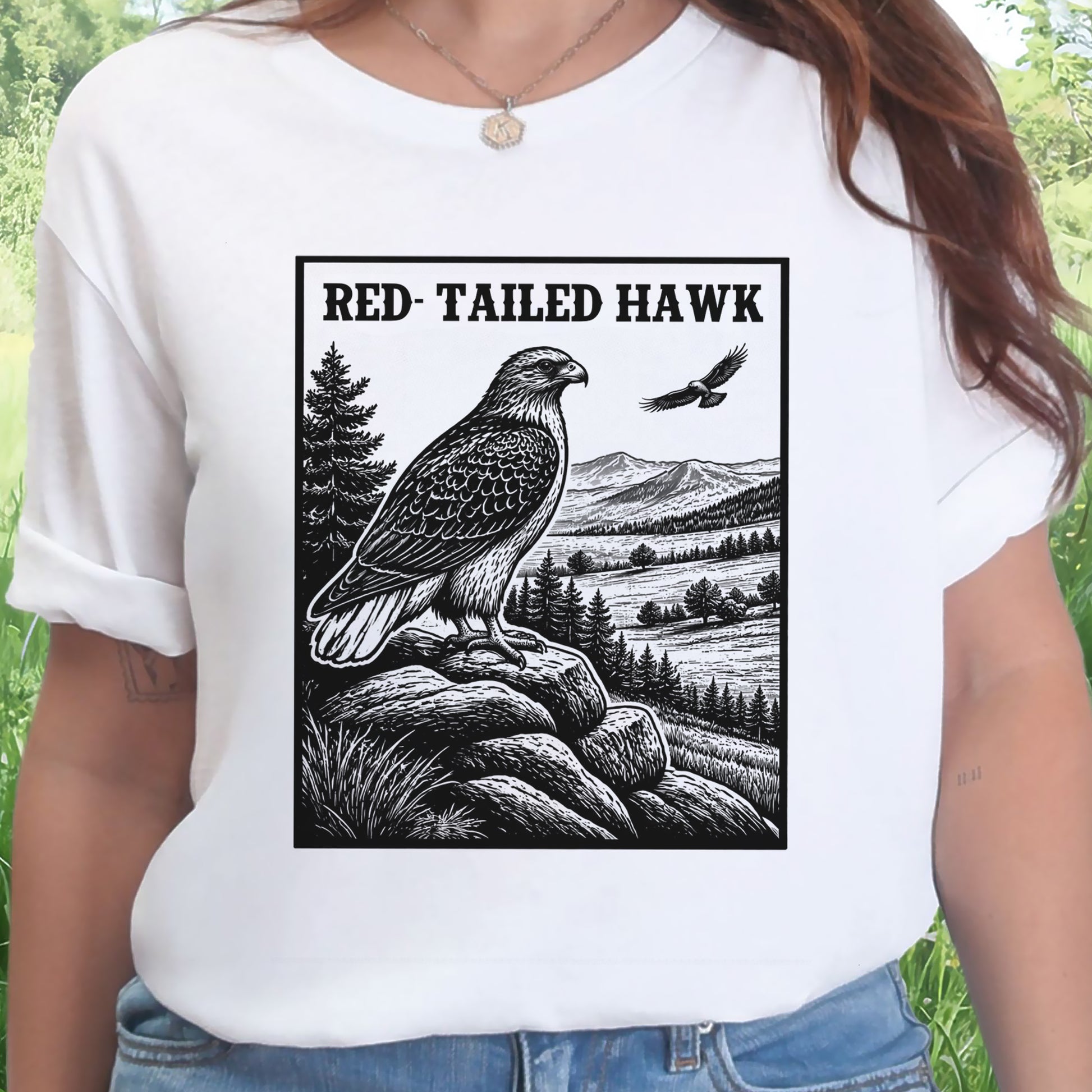 Red-Tailed Hawk Vintage Raptor Illustration Birdwatching T-Shirt