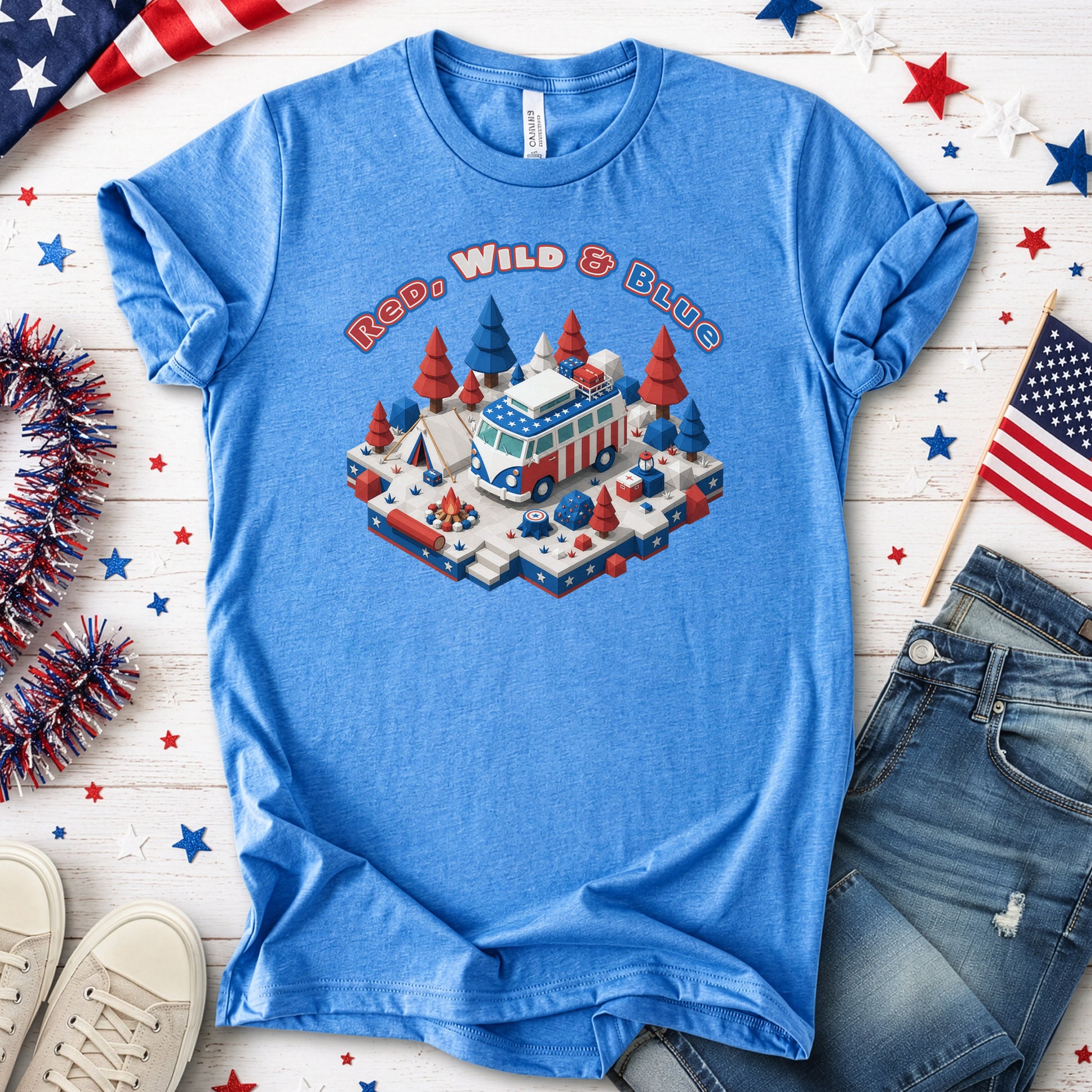 Red Wild and Blue USA Patriotic Camper Van Life Adventure T-Shirt