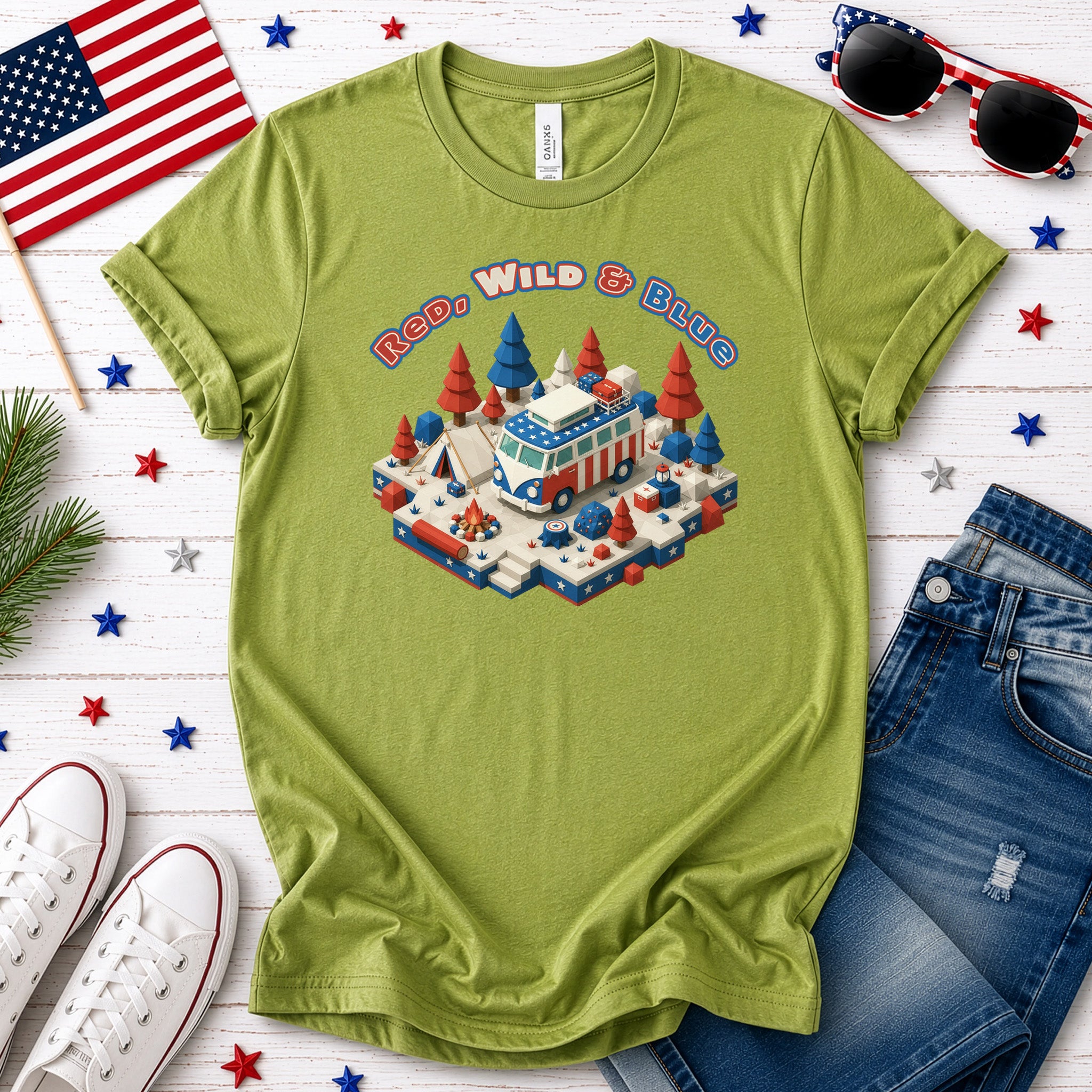 Red Wild and Blue USA Patriotic Camper Van Life Adventure T-Shirt