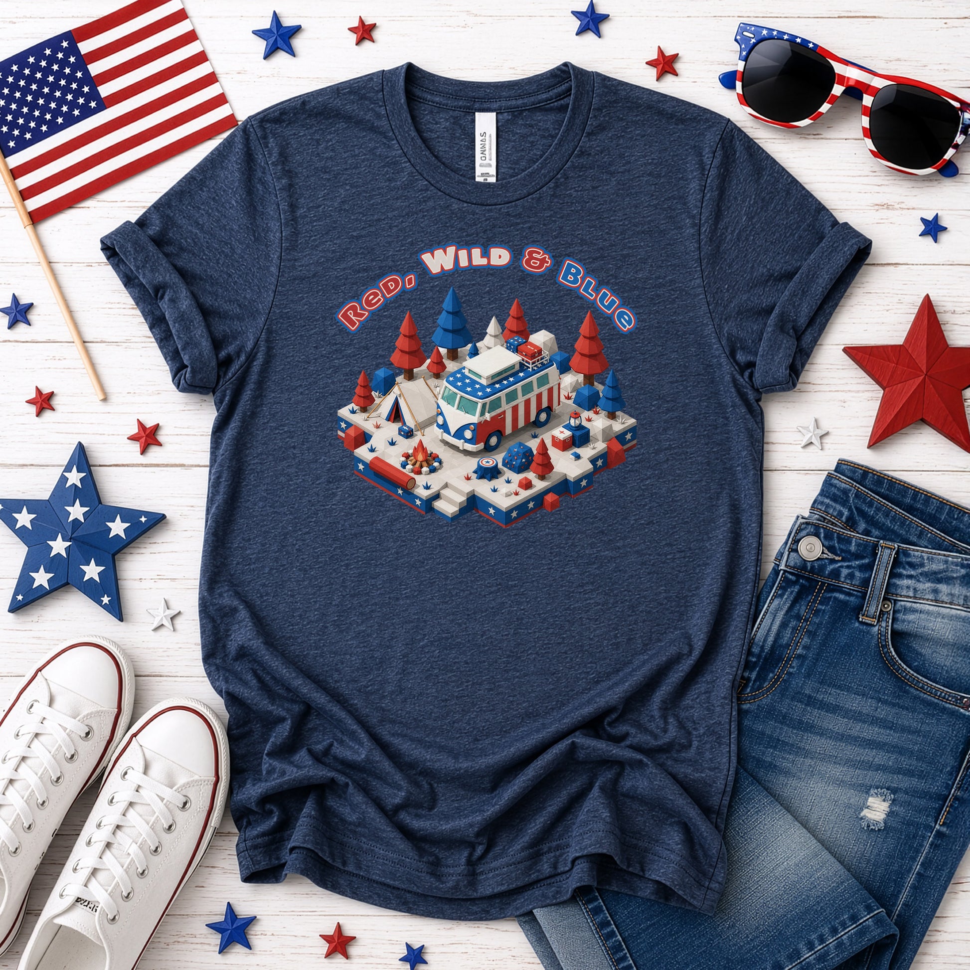 Red Wild and Blue USA Patriotic Camper Van Life Adventure T-Shirt