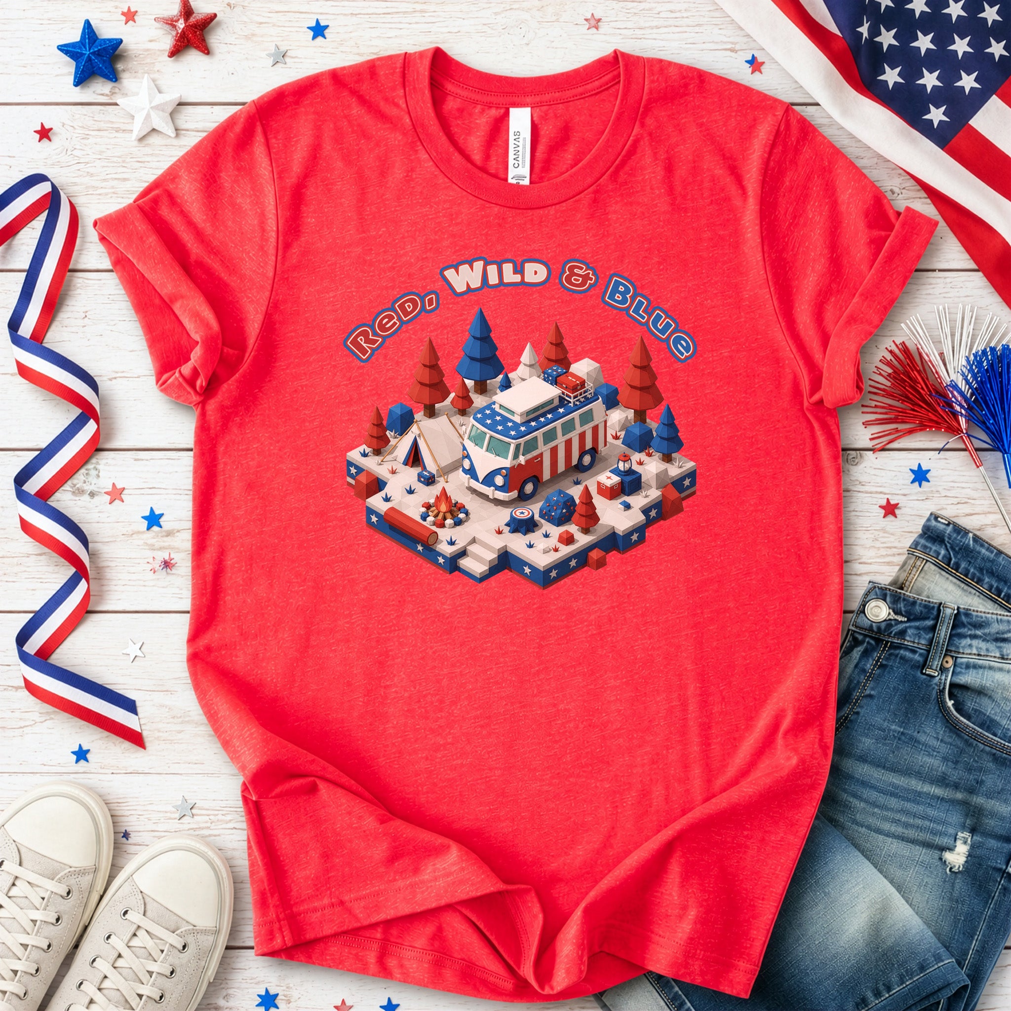 Red Wild and Blue USA Patriotic Camper Van Life Adventure T-Shirt