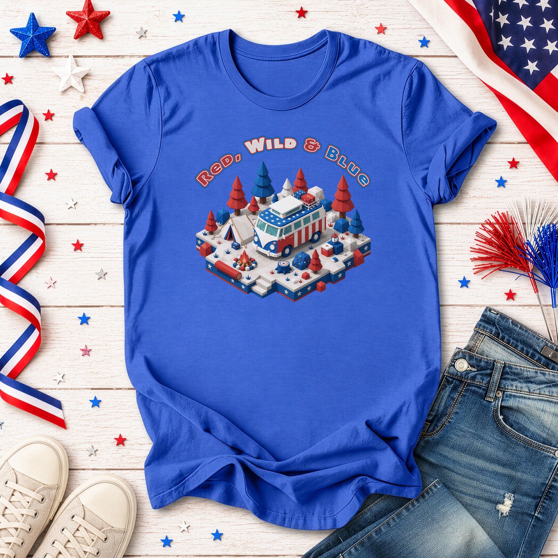 Red Wild and Blue USA Patriotic Camper Van Life Adventure T-Shirt
