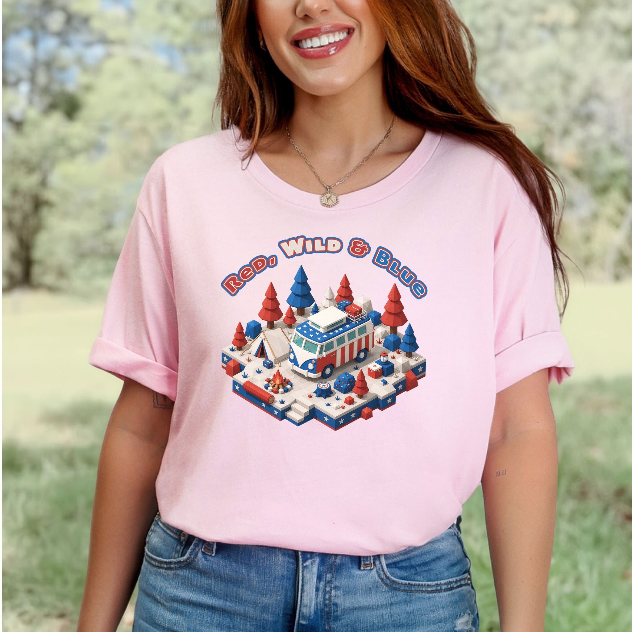 Red Wild and Blue USA Patriotic Camper Van Life Adventure T-Shirt