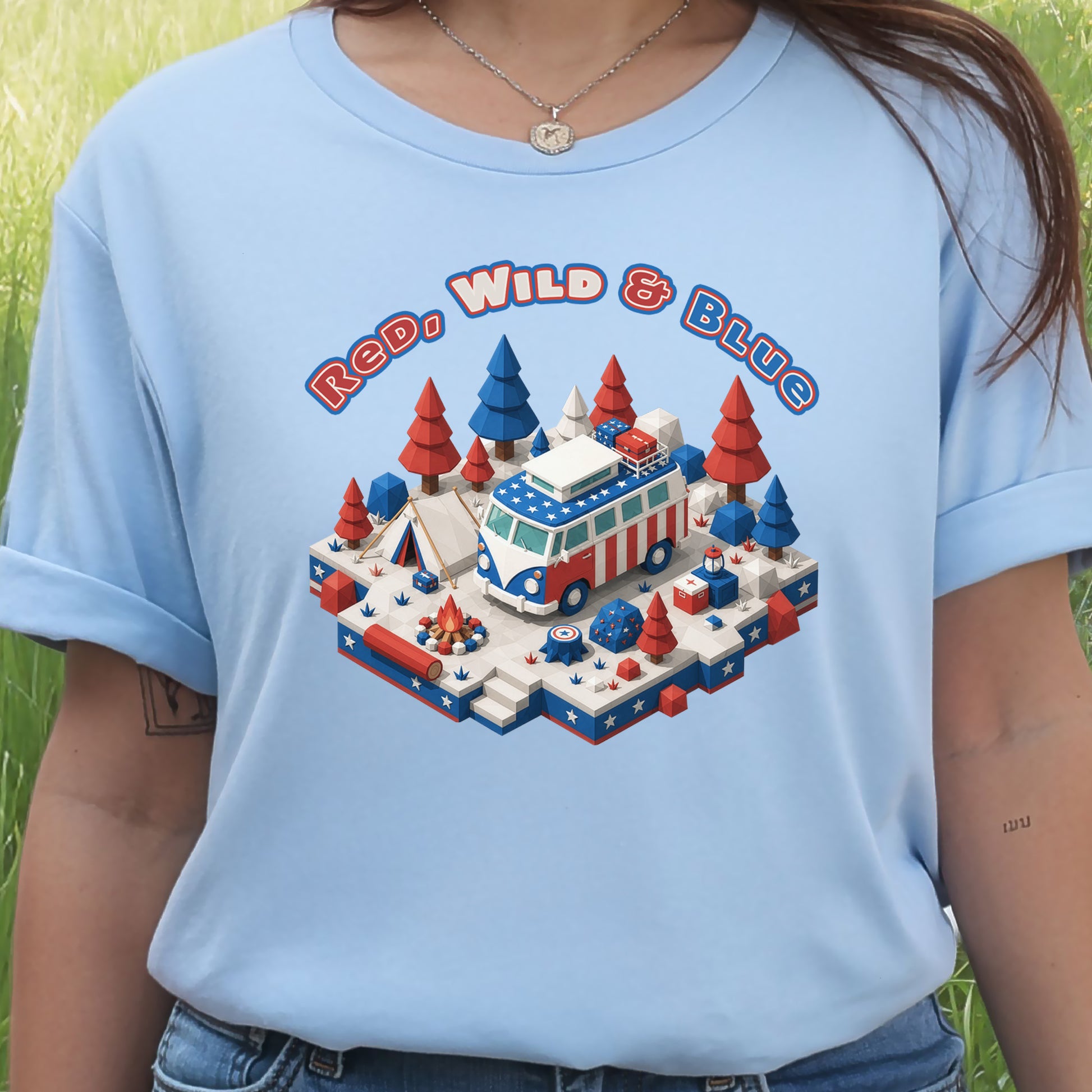 Red Wild and Blue USA Patriotic Camper Van Life Adventure T-Shirt