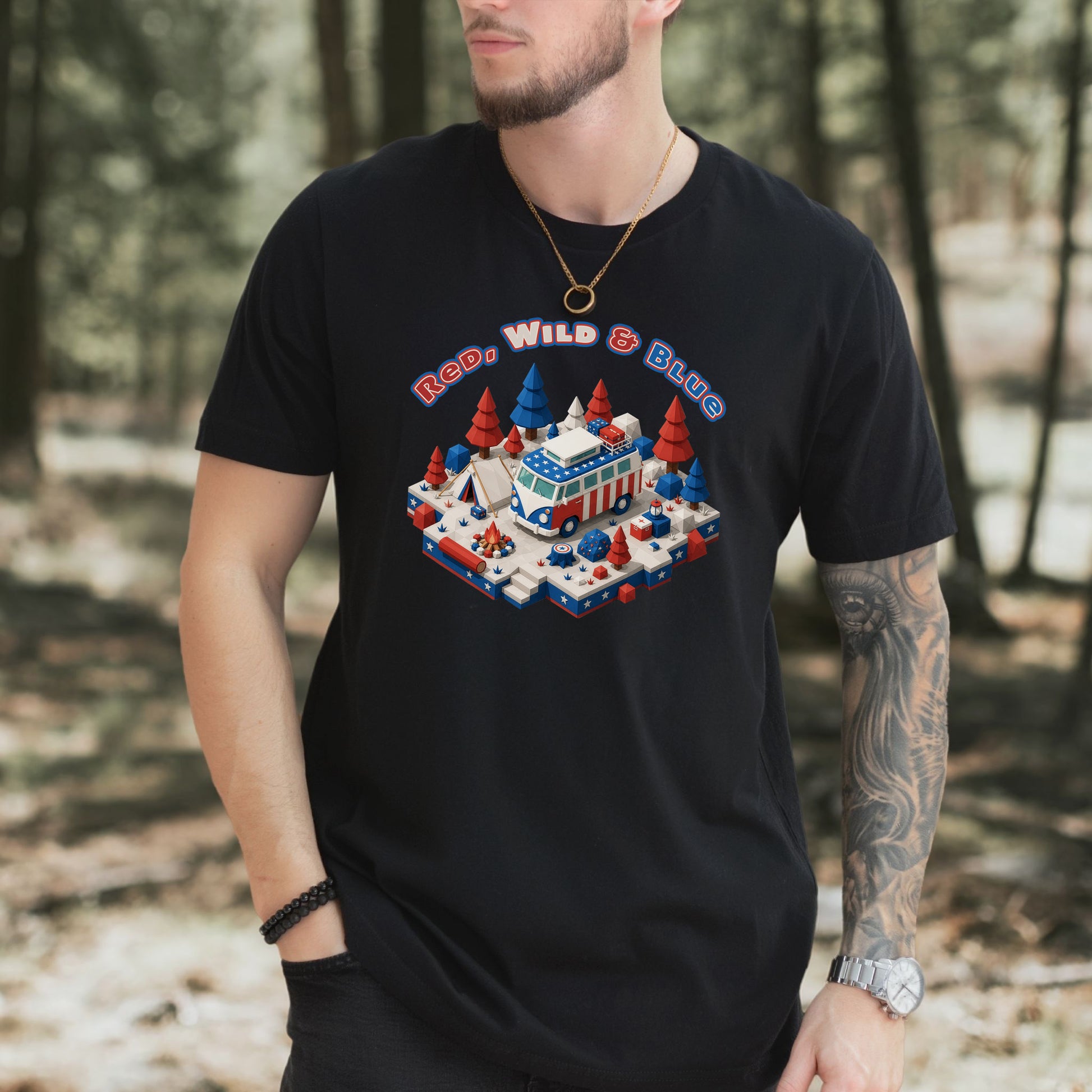 Red Wild and Blue USA Patriotic Camper Van Life Adventure T-Shirt