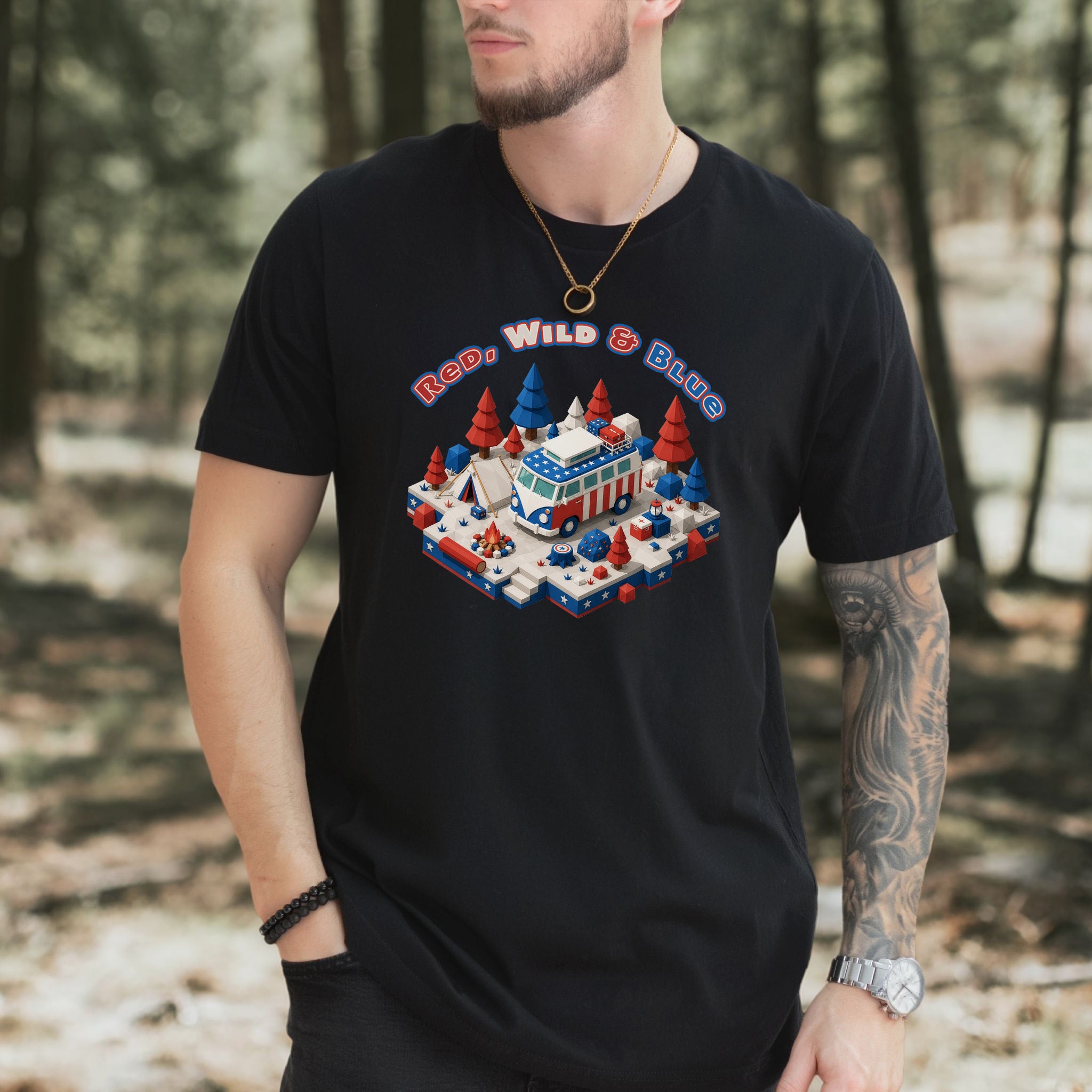 Red Wild and Blue USA Patriotic Camper Van Life Adventure T-Shirt