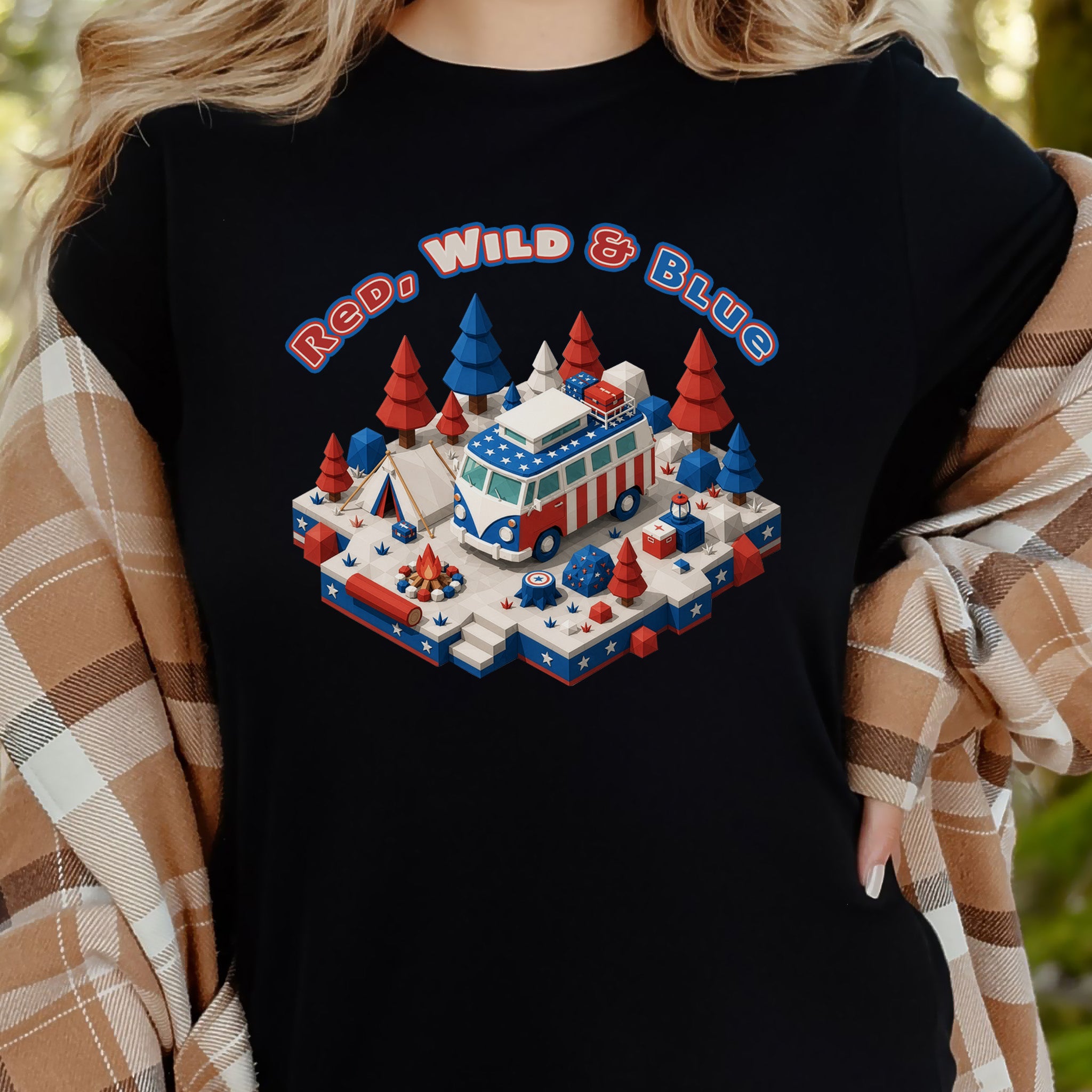 Red Wild and Blue USA Patriotic Camper Van Life Adventure T-Shirt