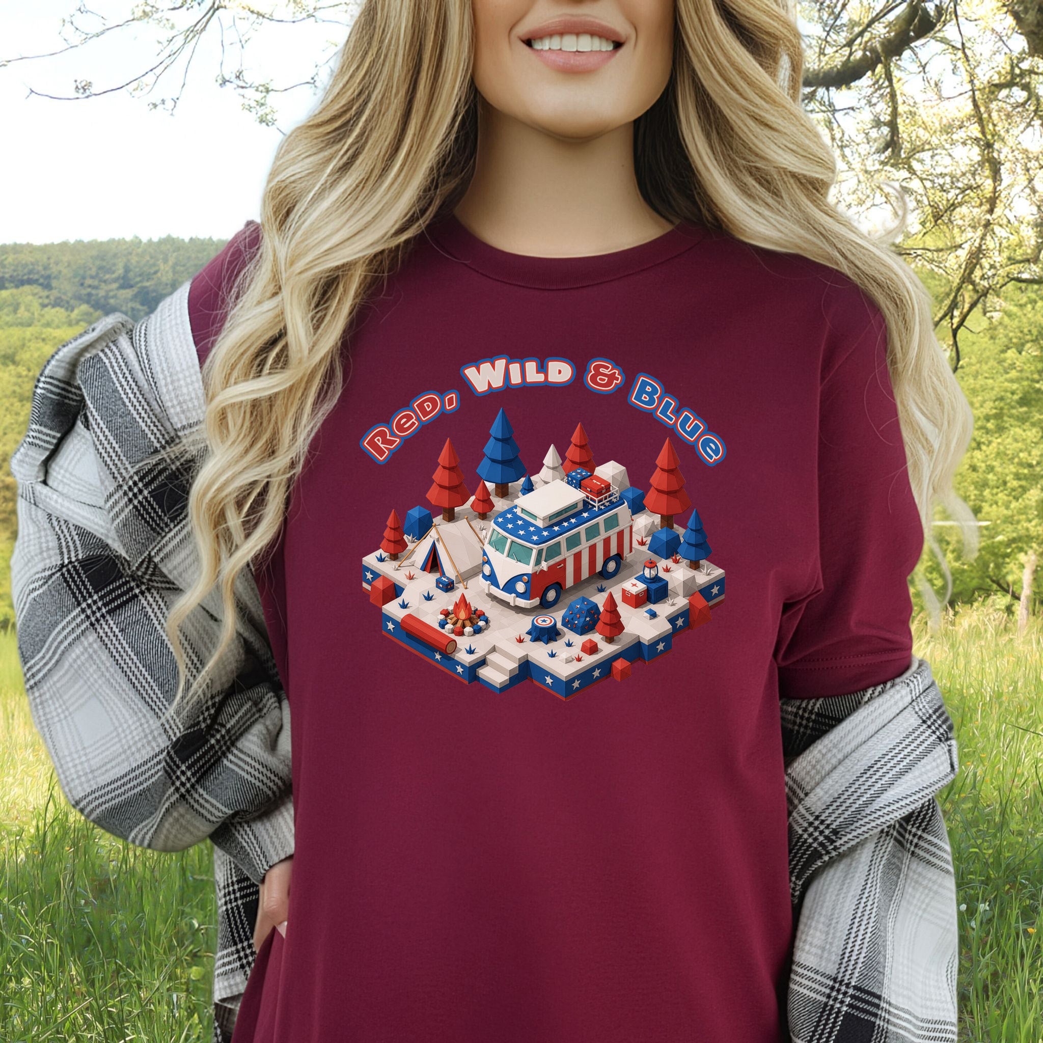 Red Wild and Blue USA Patriotic Camper Van Life Adventure T-Shirt