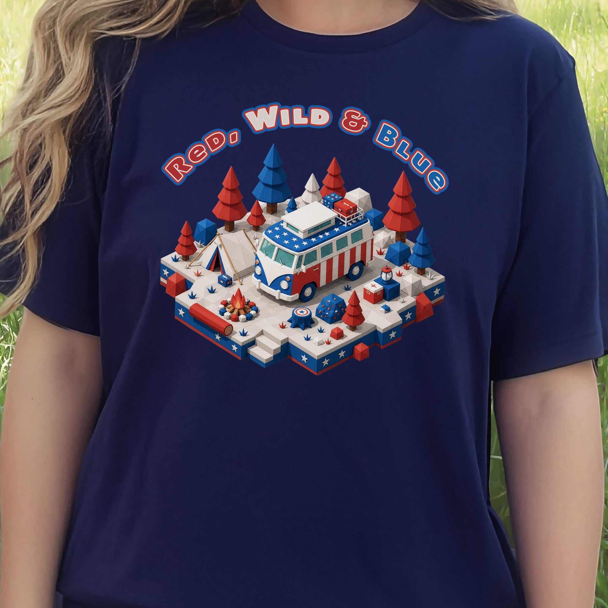 Red Wild and Blue USA Patriotic Camper Van Life Adventure T-Shirt