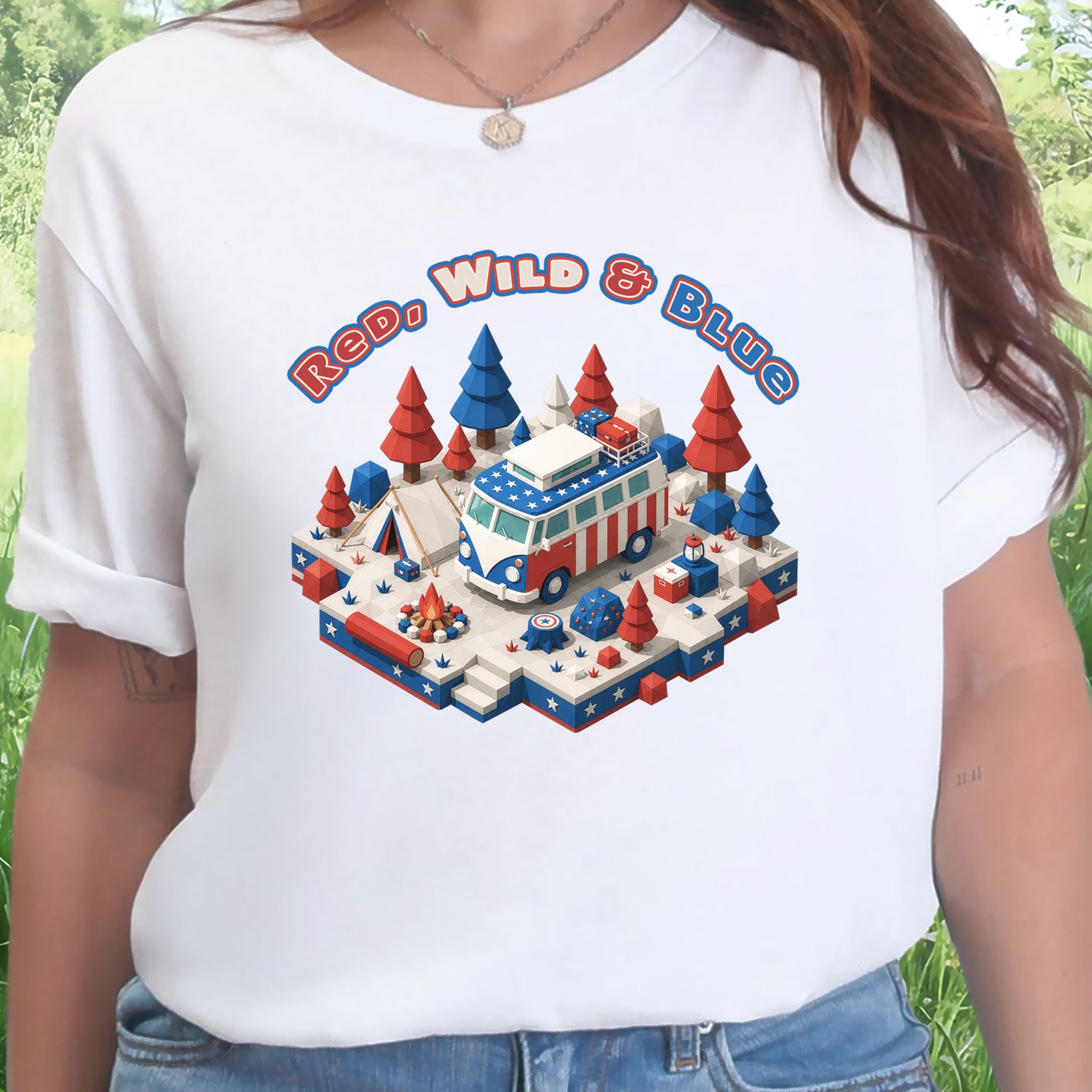 Red Wild and Blue USA Patriotic Camper Van Life Adventure T-Shirt