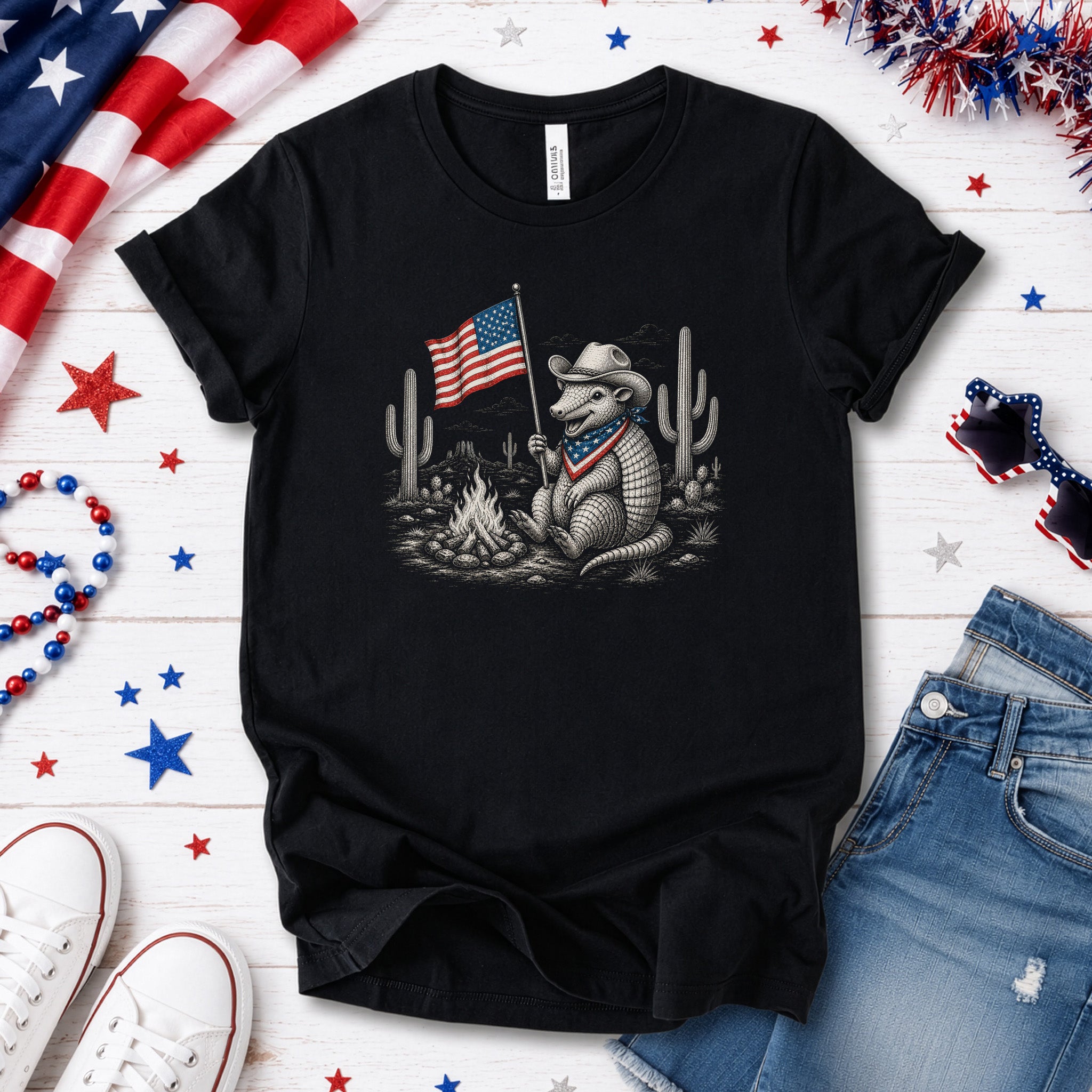 Red White & Armadillo Patriotic Cowboy Campfire Desert T-Shirt