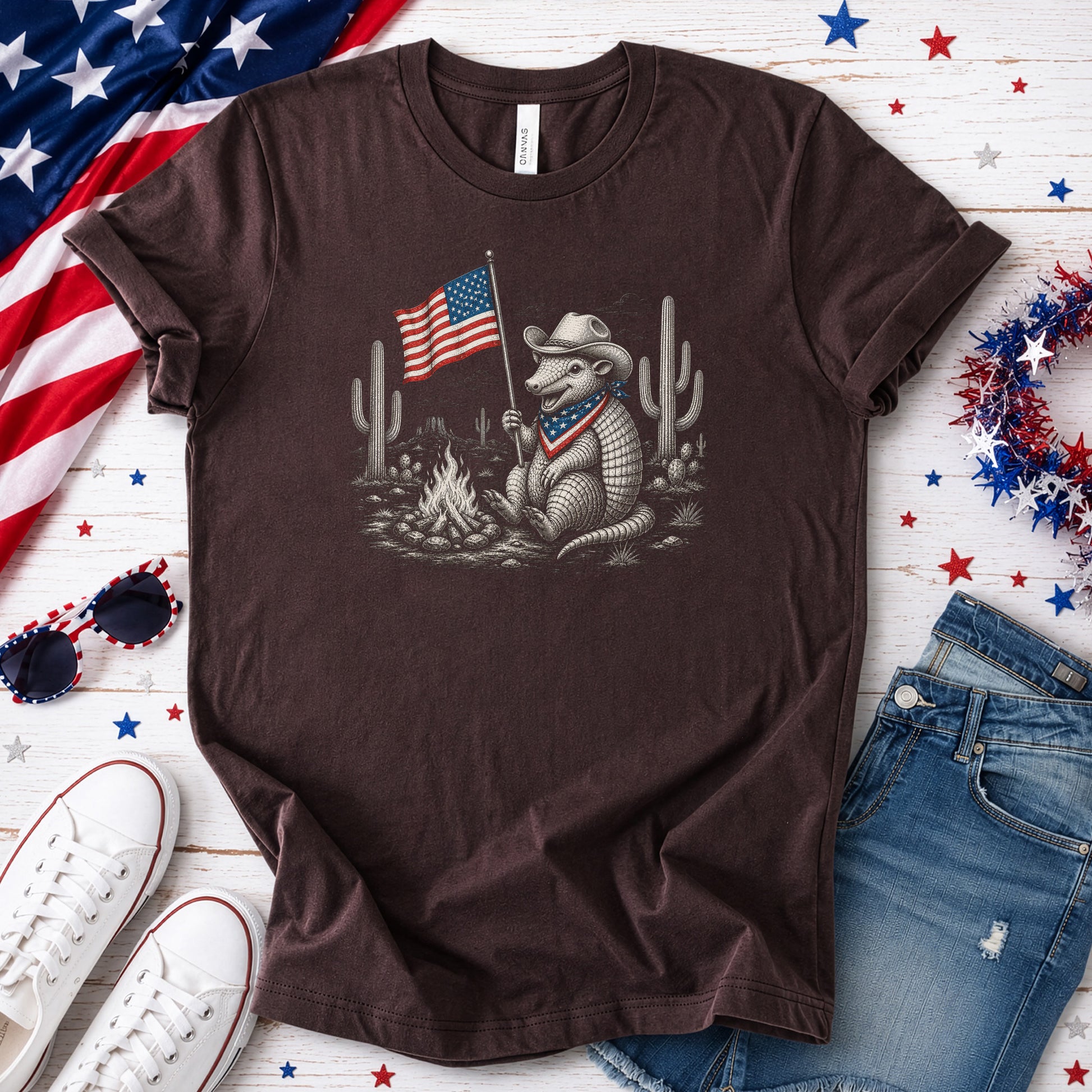 Red White & Armadillo Patriotic Cowboy Campfire Desert T-Shirt