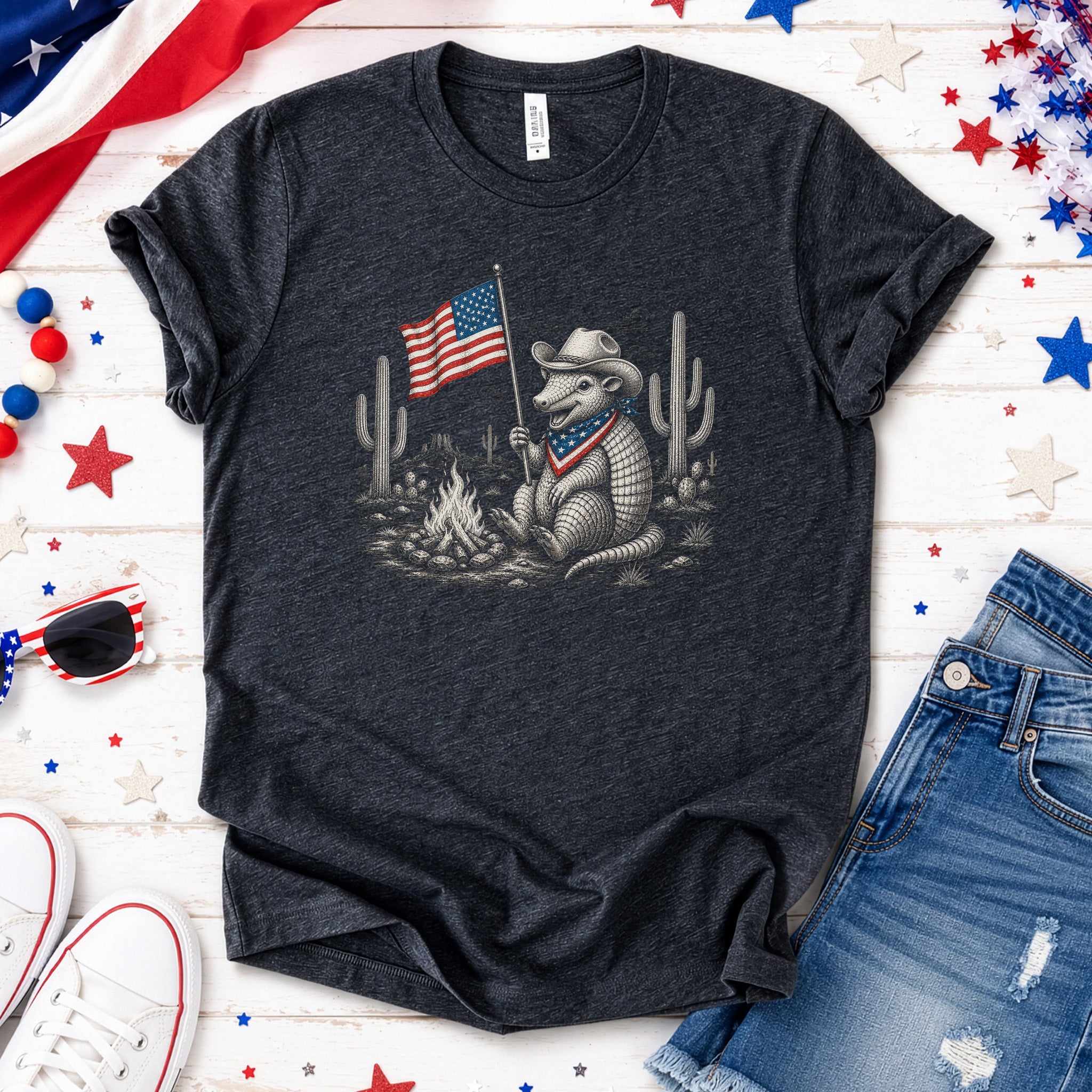 Red White & Armadillo Patriotic Cowboy Campfire Desert T-Shirt