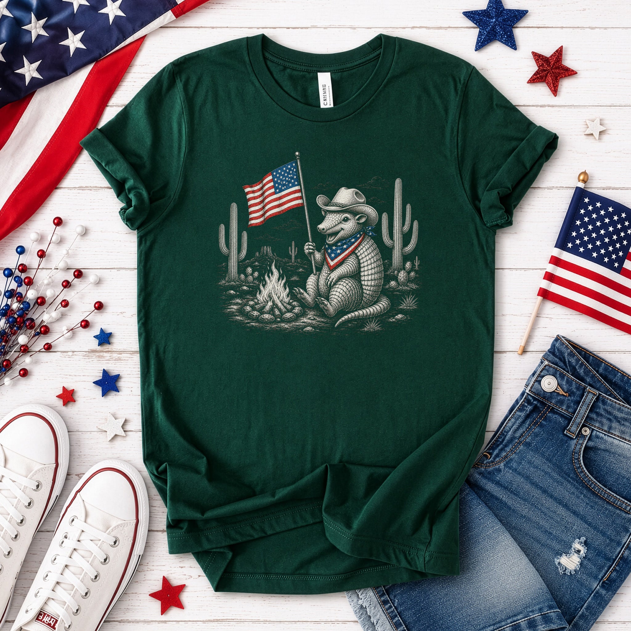 Red White & Armadillo Patriotic Cowboy Campfire Desert T-Shirt