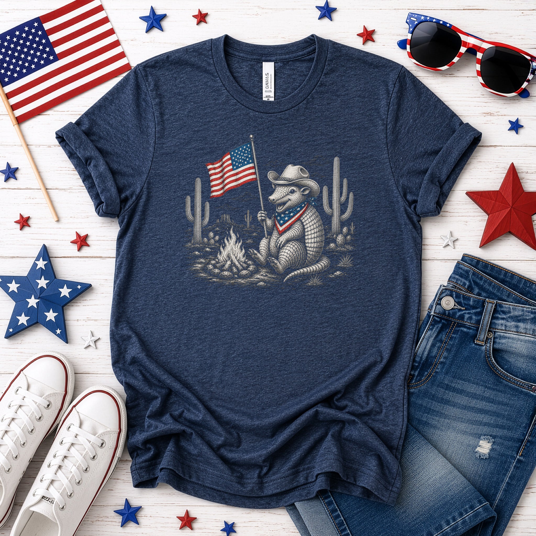 Red White & Armadillo Patriotic Cowboy Campfire Desert T-Shirt