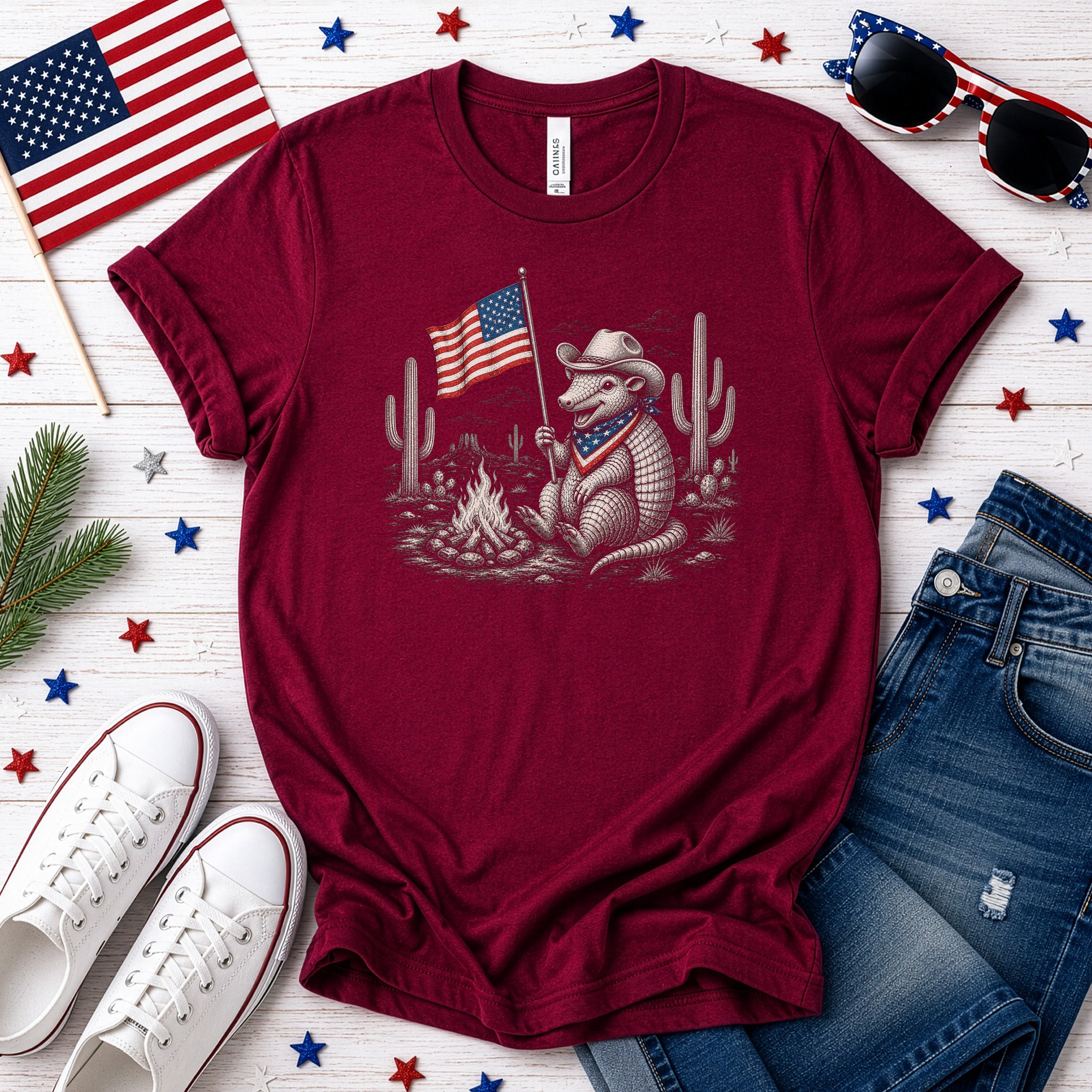Red White & Armadillo Patriotic Cowboy Campfire Desert T-Shirt