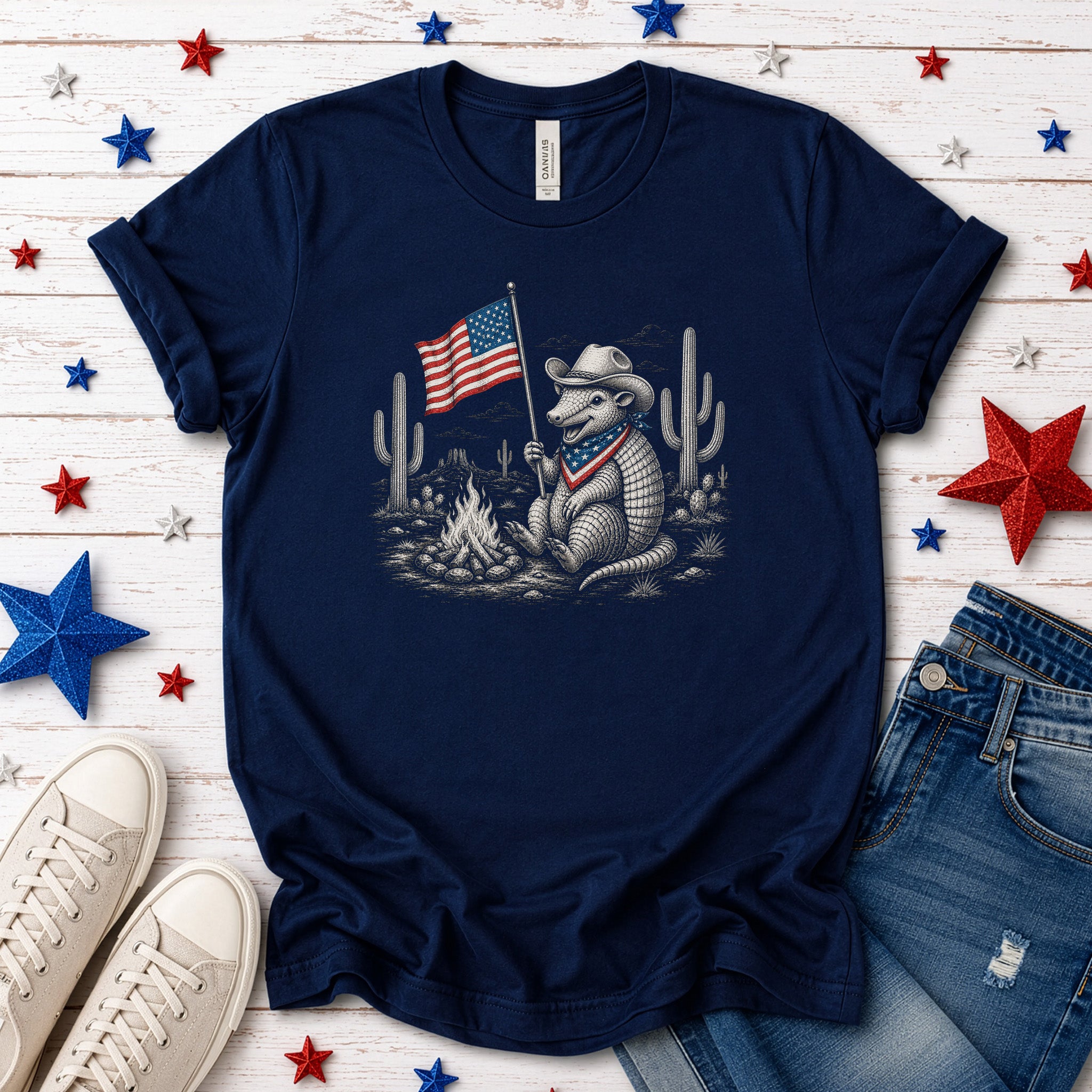 Red White & Armadillo Patriotic Cowboy Campfire Desert T-Shirt