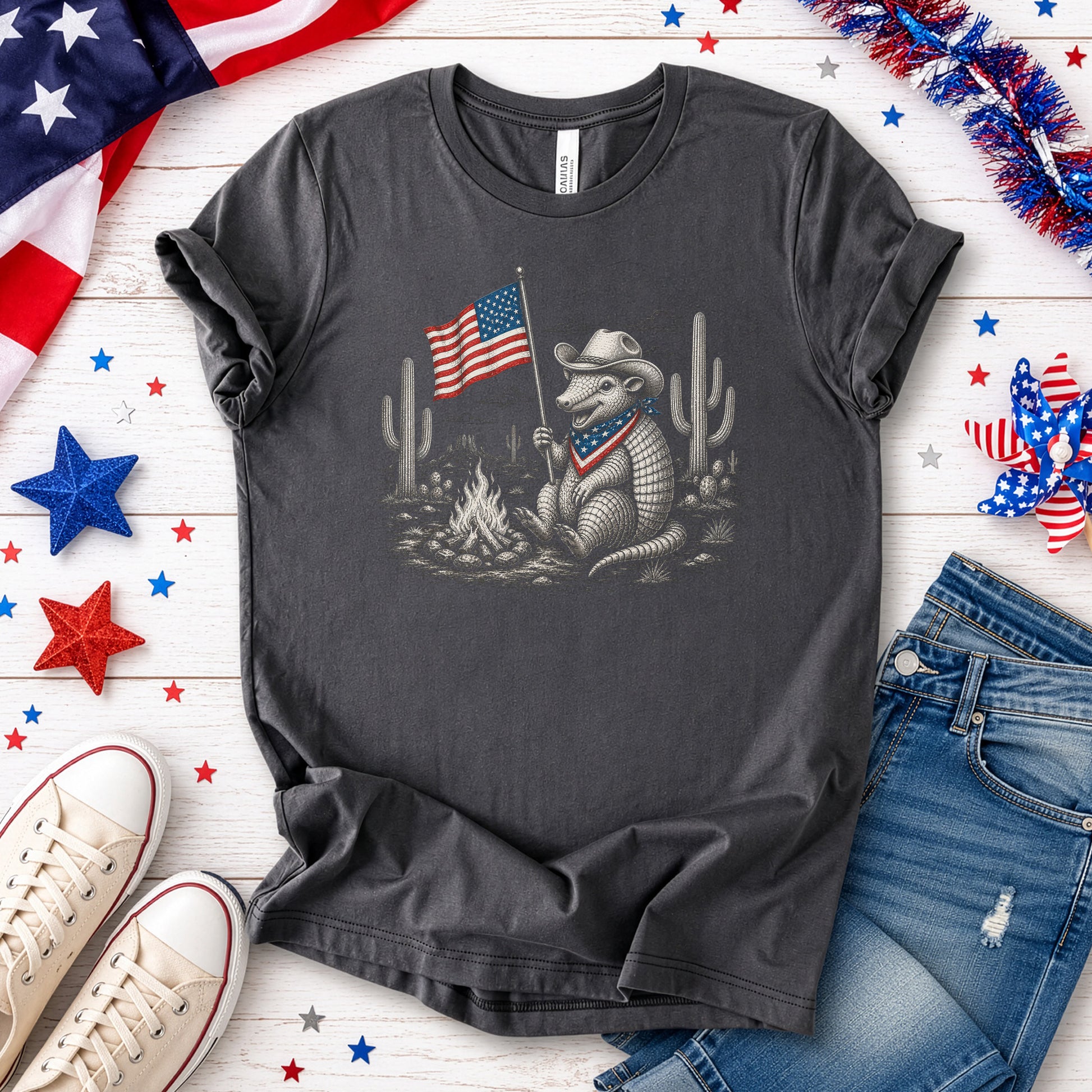 Red White & Armadillo Patriotic Cowboy Campfire Desert T-Shirt