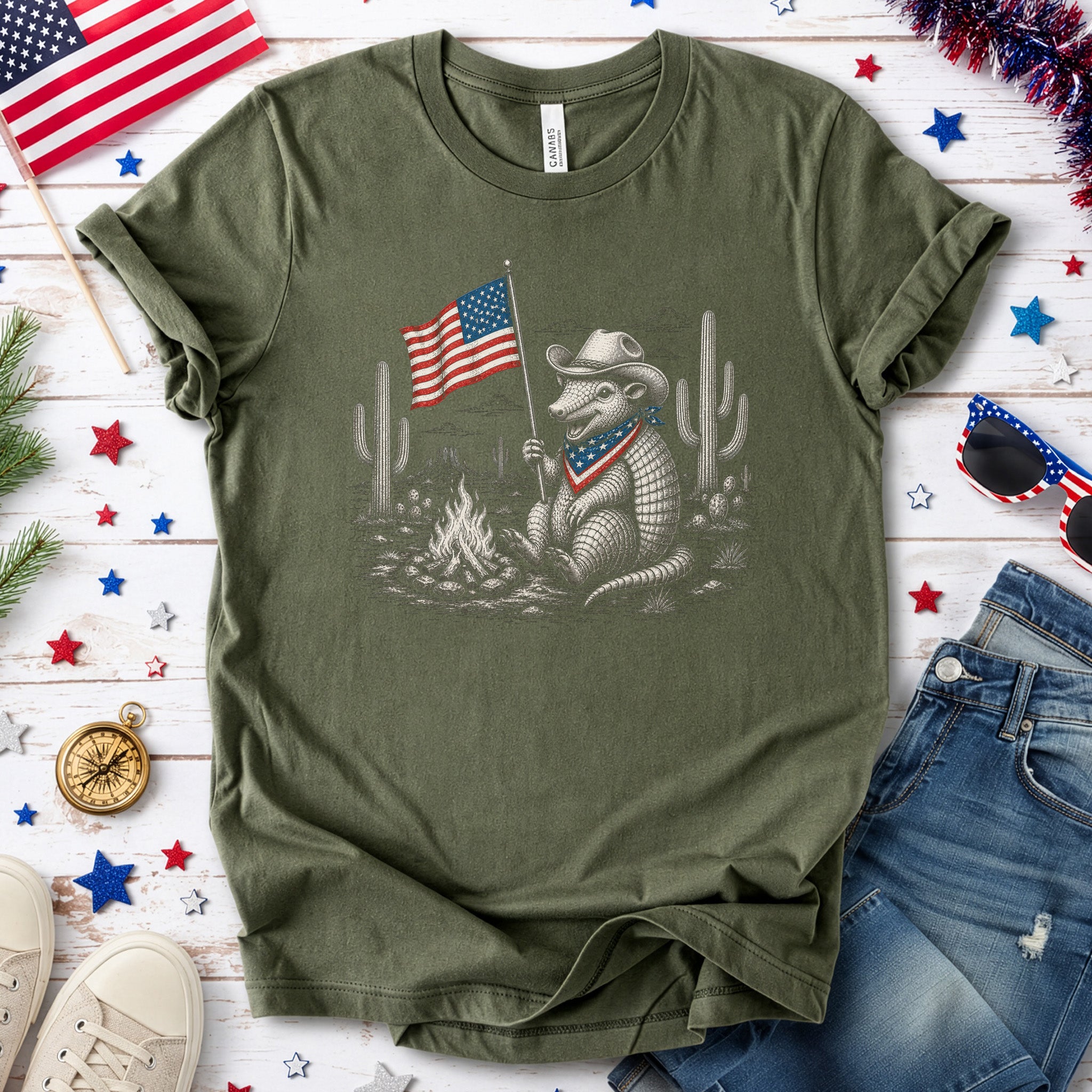 Red White & Armadillo Patriotic Cowboy Campfire Desert T-Shirt