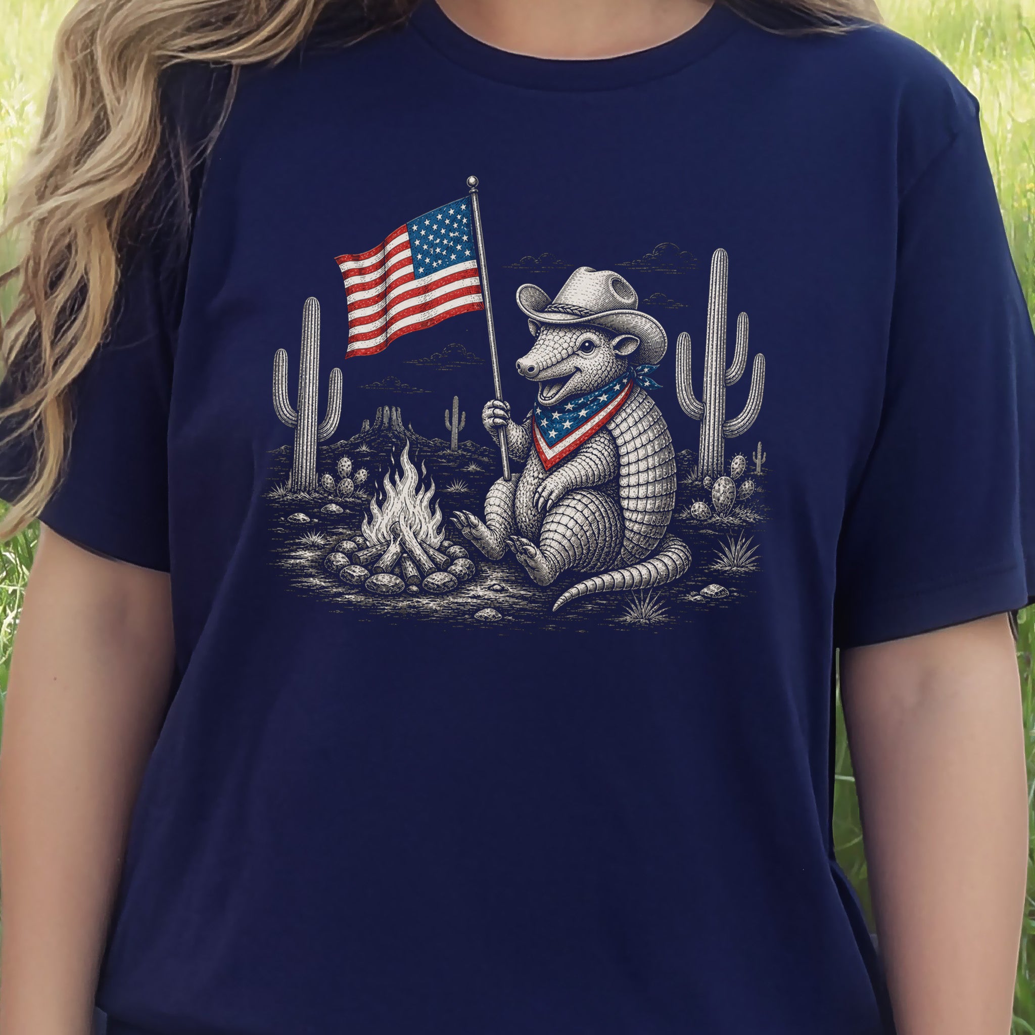 Red White & Armadillo Patriotic Cowboy Campfire Desert T-Shirt