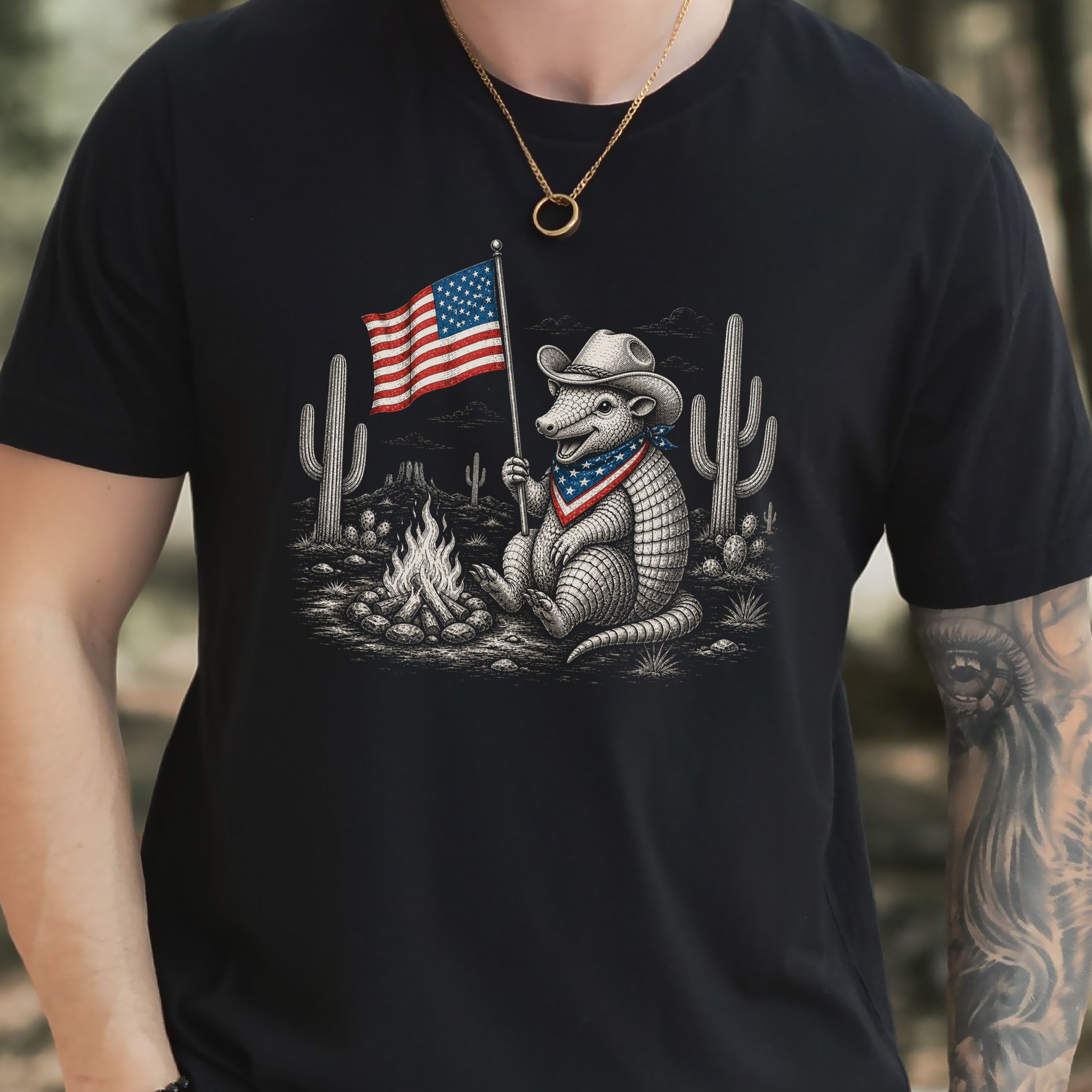 Red White & Armadillo Patriotic Cowboy Campfire Desert T-Shirt