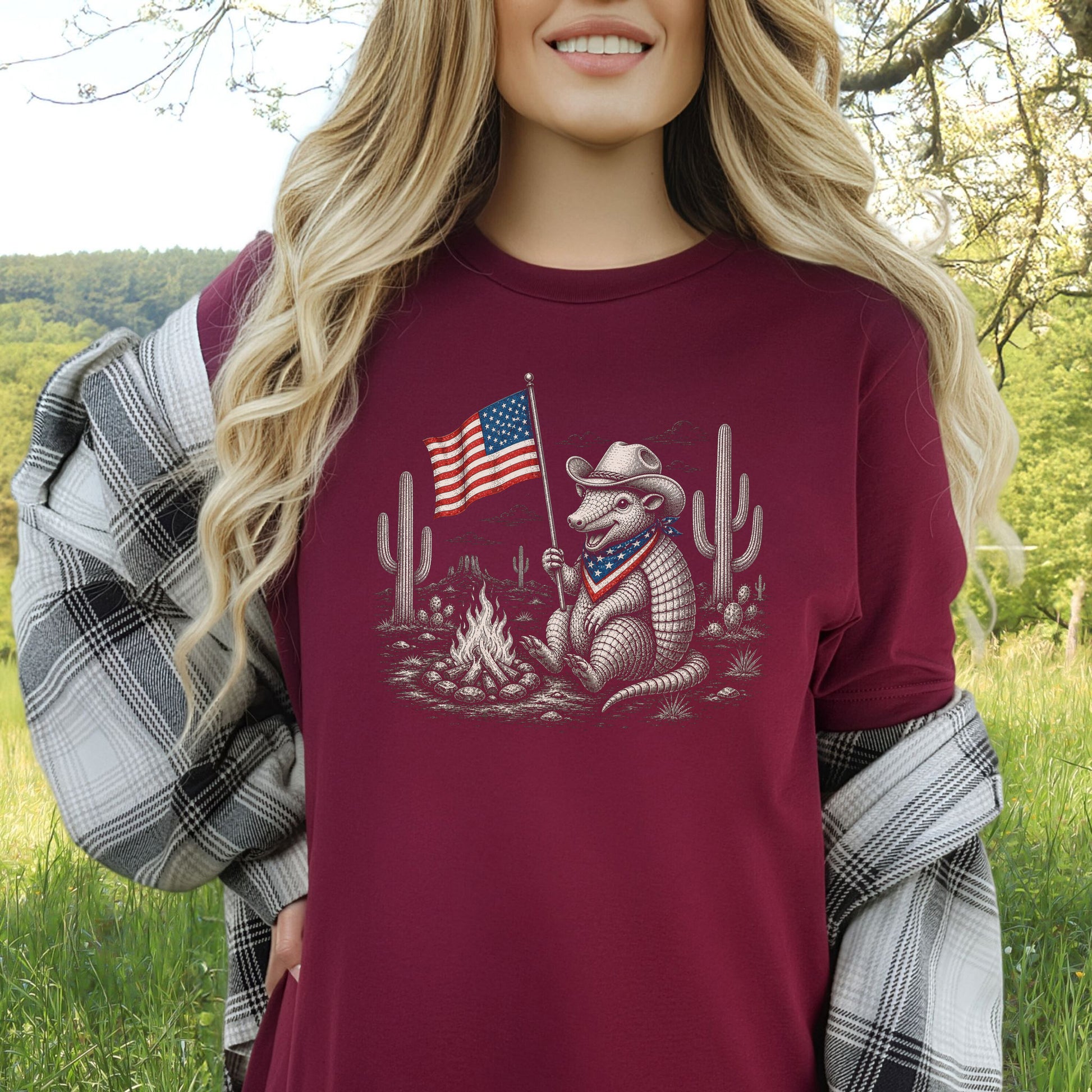 Red White & Armadillo Patriotic Cowboy Campfire Desert T-Shirt