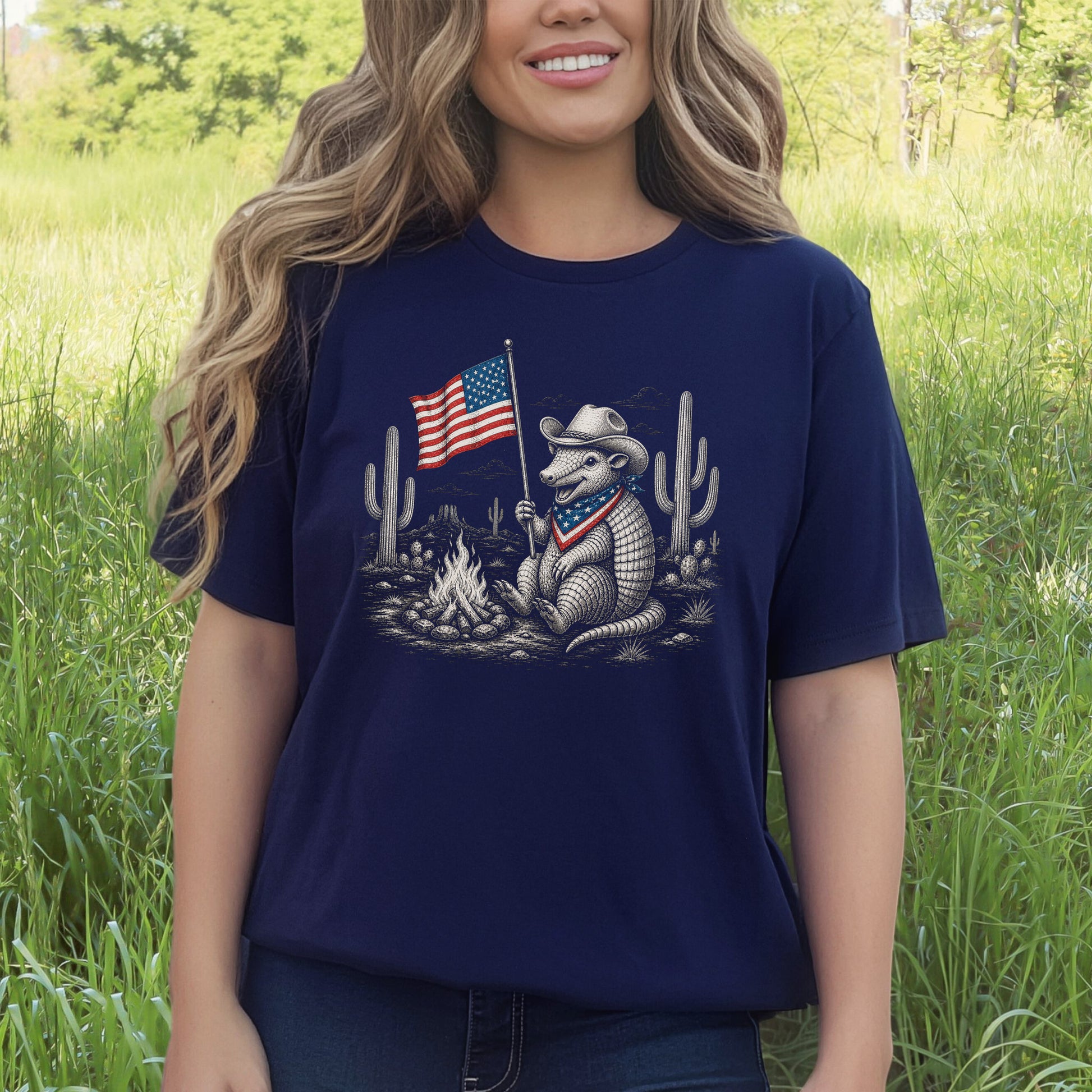 Red White & Armadillo Patriotic Cowboy Campfire Desert T-Shirt
