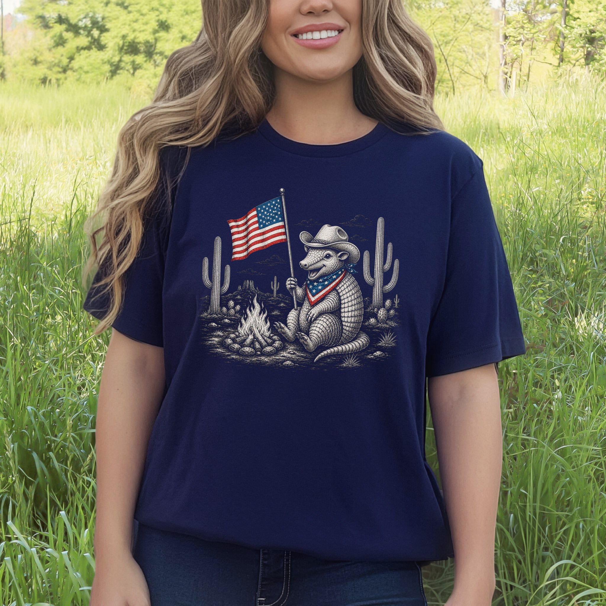 Red White & Armadillo Patriotic Cowboy Campfire Desert T-Shirt
