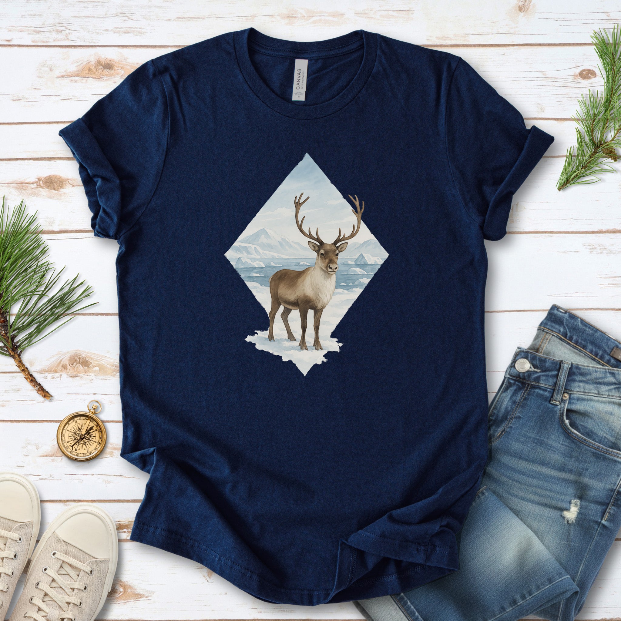 Arctic Reindeer Diamond T-Shirt – Retro Winter Nature Gift Tee