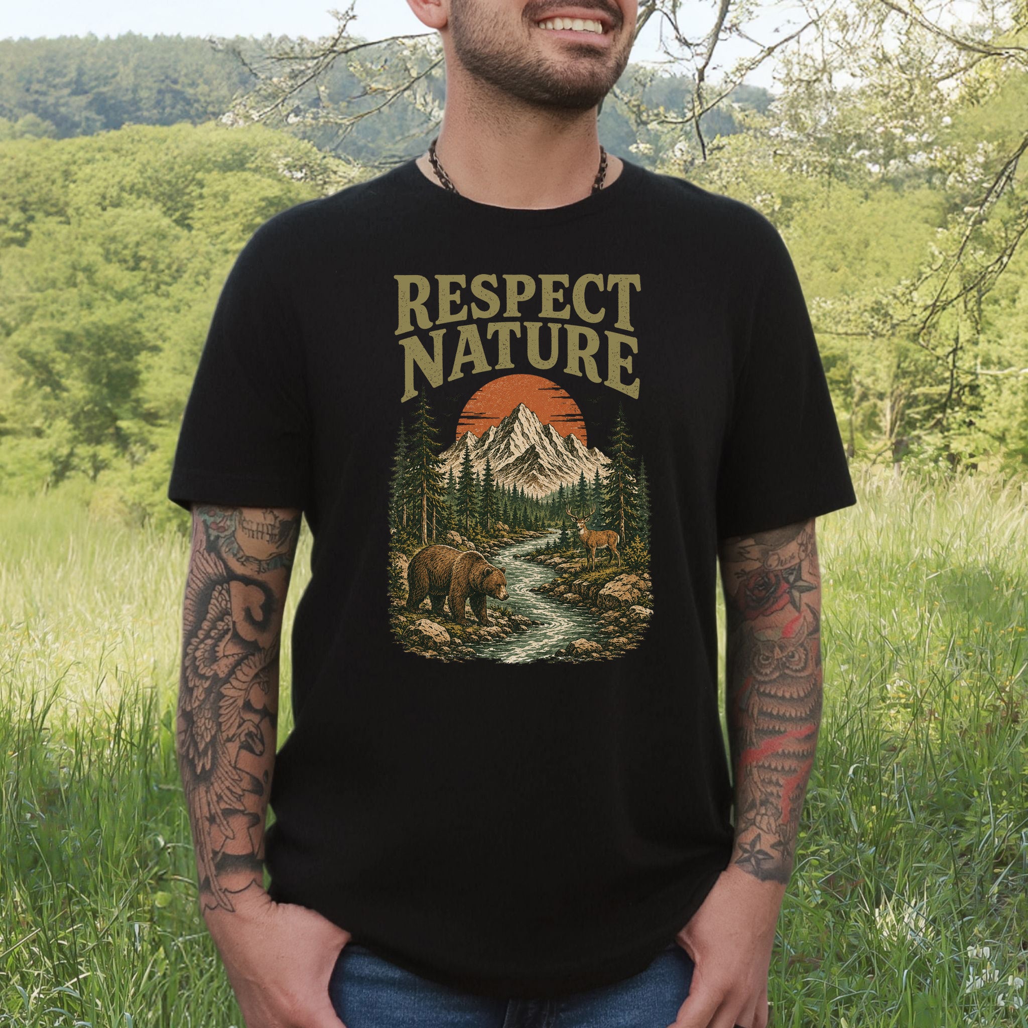 Respect Nature Retro Bear Deer Mountain Wilderness Graphic T-Shirt
