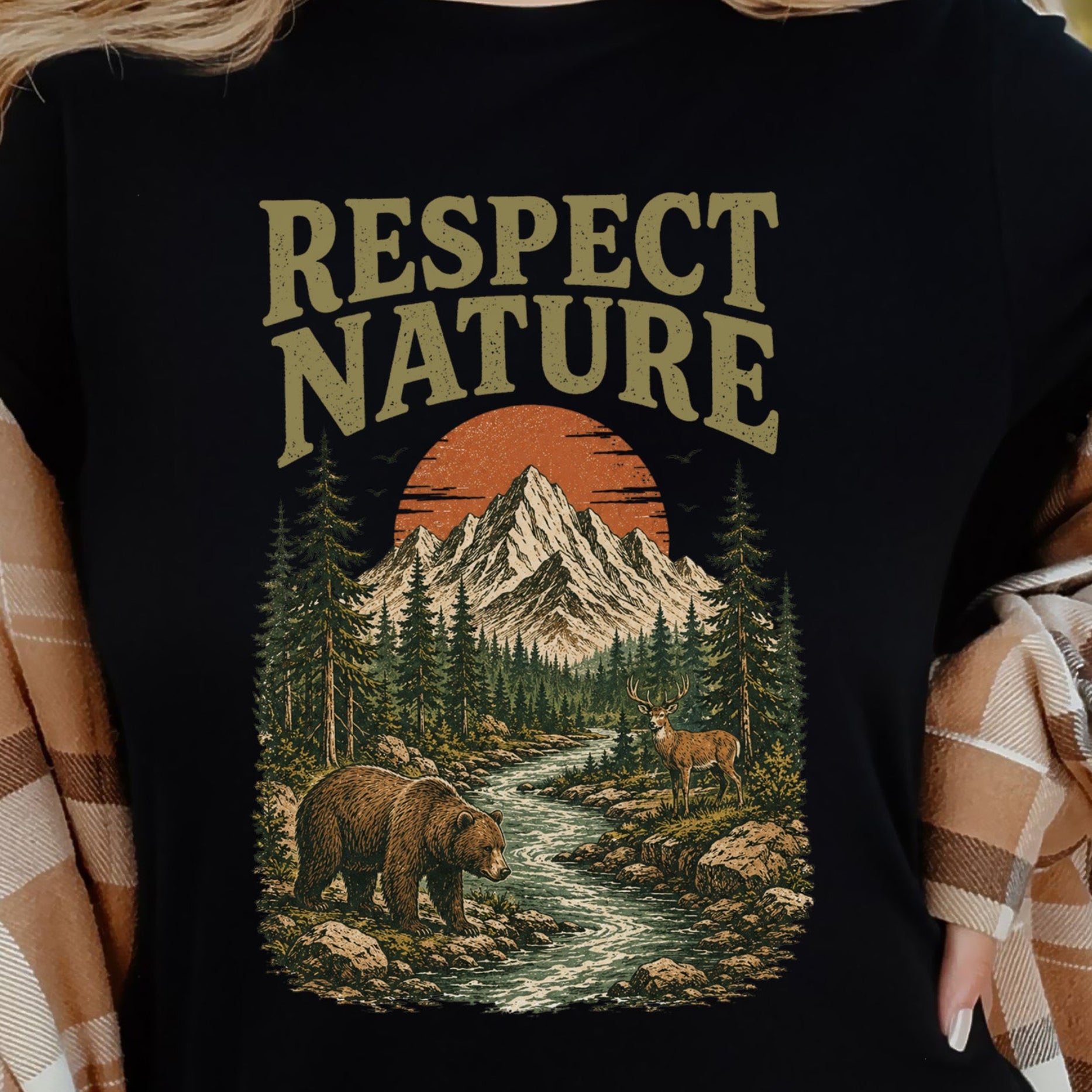 Respect Nature Retro Bear Deer Mountain Wilderness Graphic T-Shirt