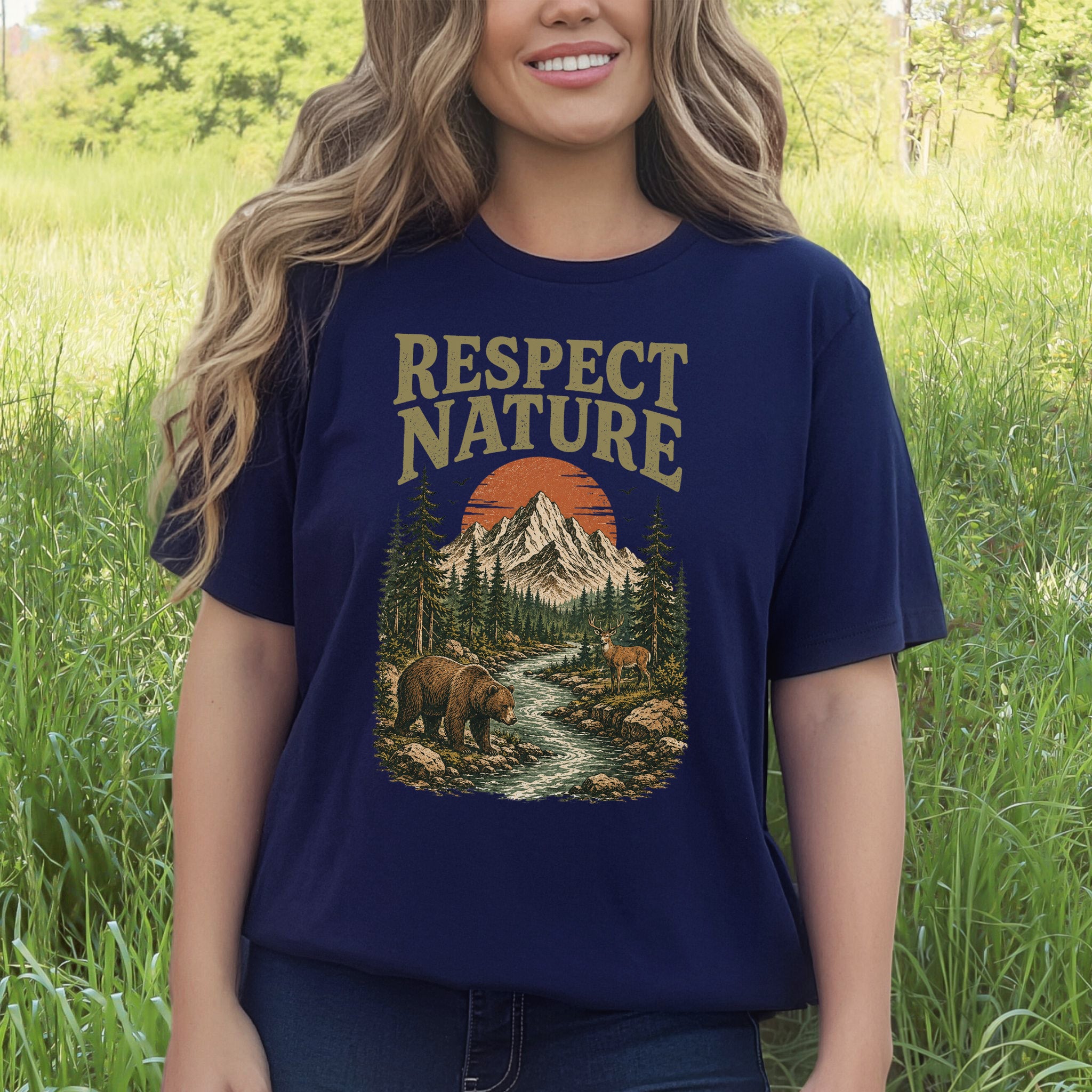 Respect Nature Retro Bear Deer Mountain Wilderness Graphic T-Shirt