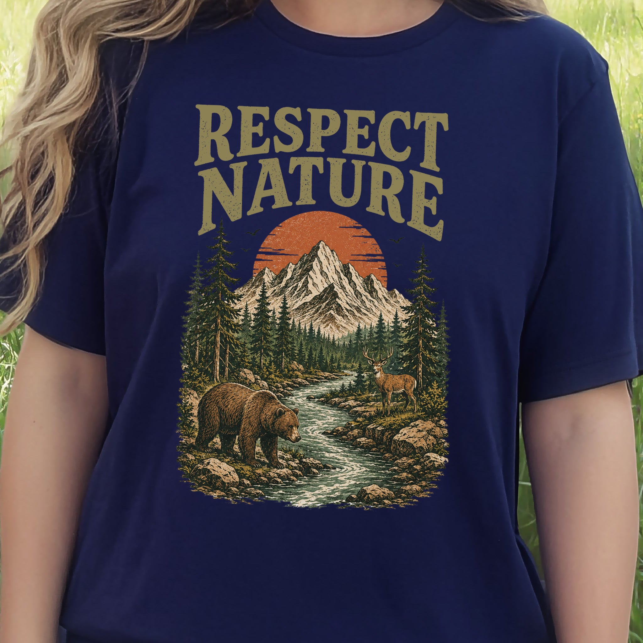 Respect Nature Retro Bear Deer Mountain Wilderness Graphic T-Shirt