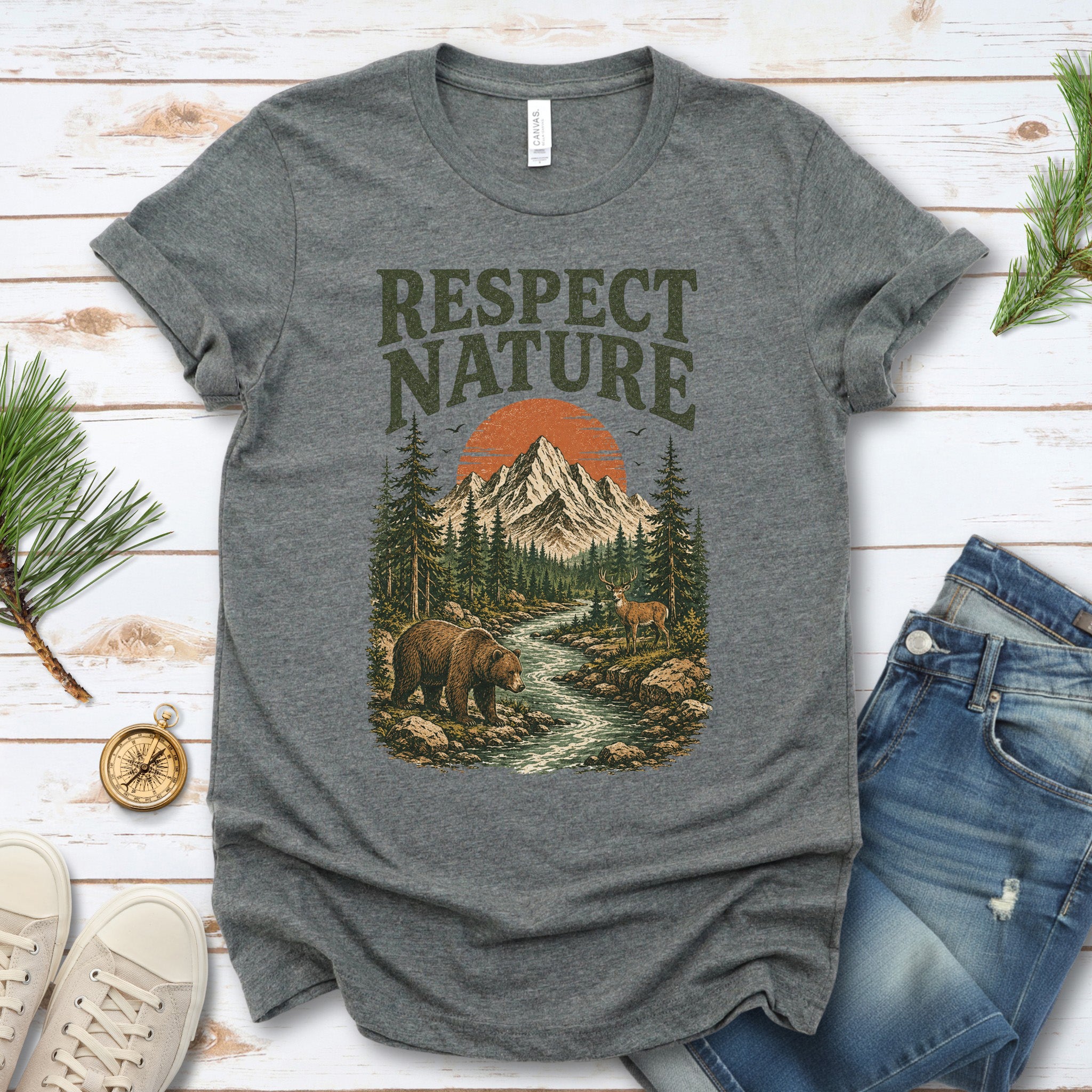 Respect Nature Retro Bear Deer Mountain Wilderness Graphic T-Shirt