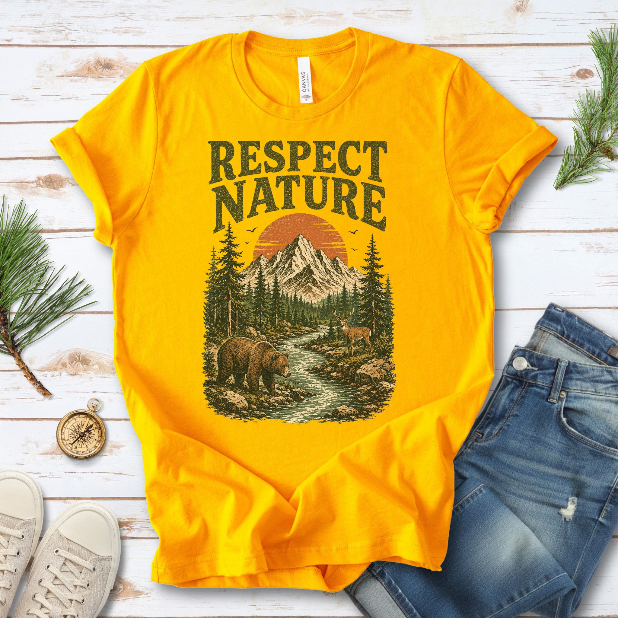 Respect Nature Retro Bear Deer Mountain Wilderness Graphic T-Shirt