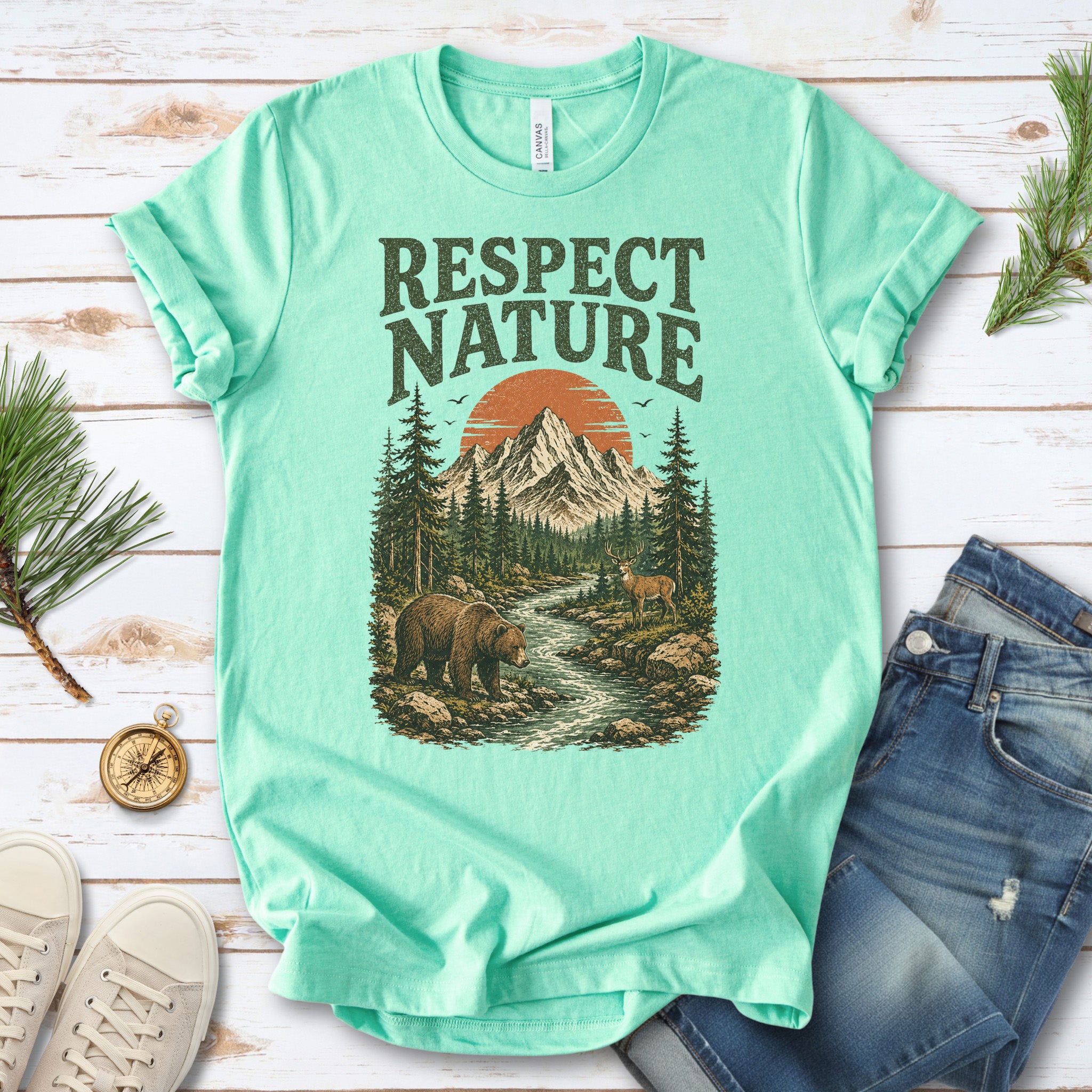 Respect Nature Retro Bear Deer Mountain Wilderness Graphic T-Shirt