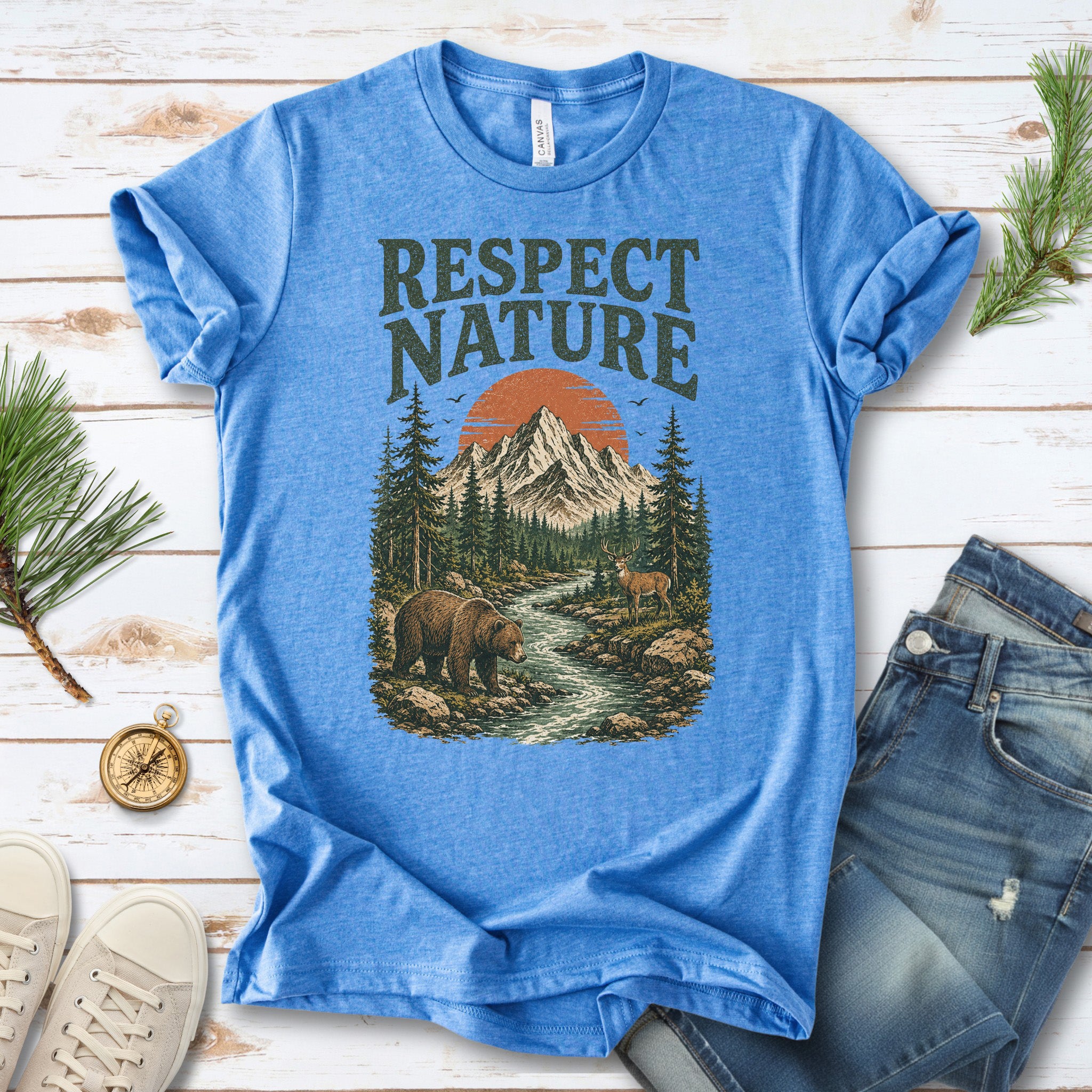 Respect Nature Retro Bear Deer Mountain Wilderness Graphic T-Shirt