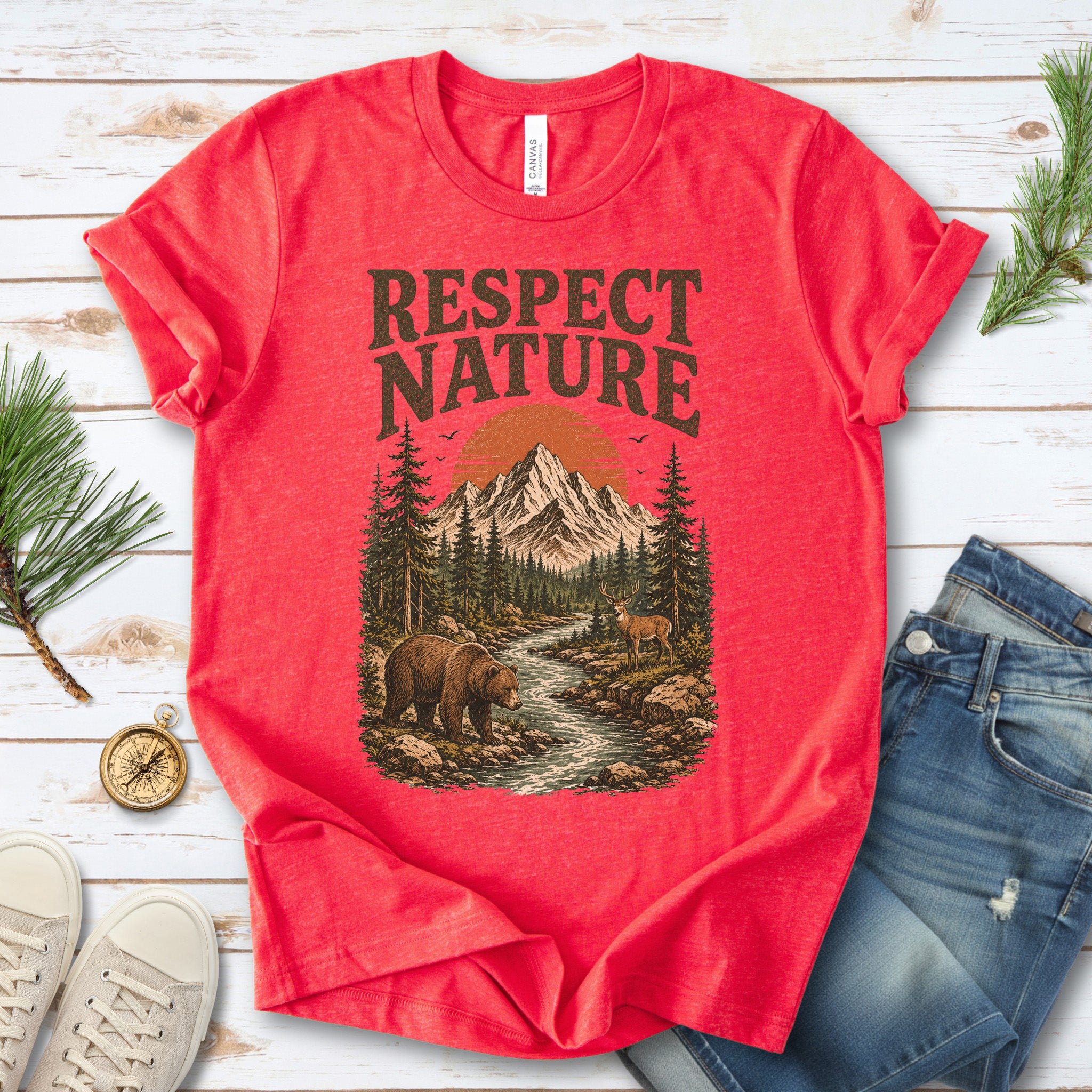 Respect Nature Retro Bear Deer Mountain Wilderness Graphic T-Shirt