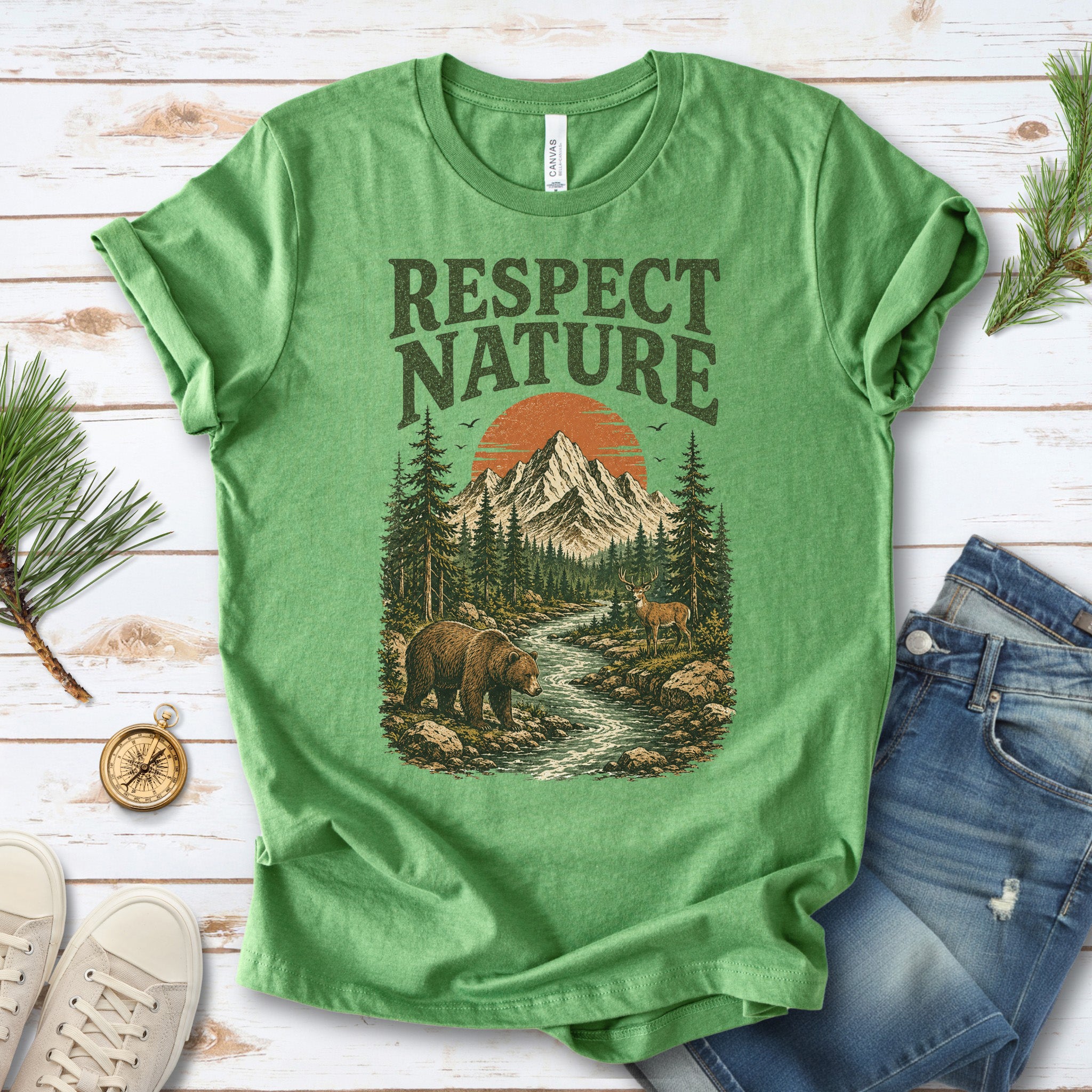 Respect Nature Retro Bear Deer Mountain Wilderness Graphic T-Shirt