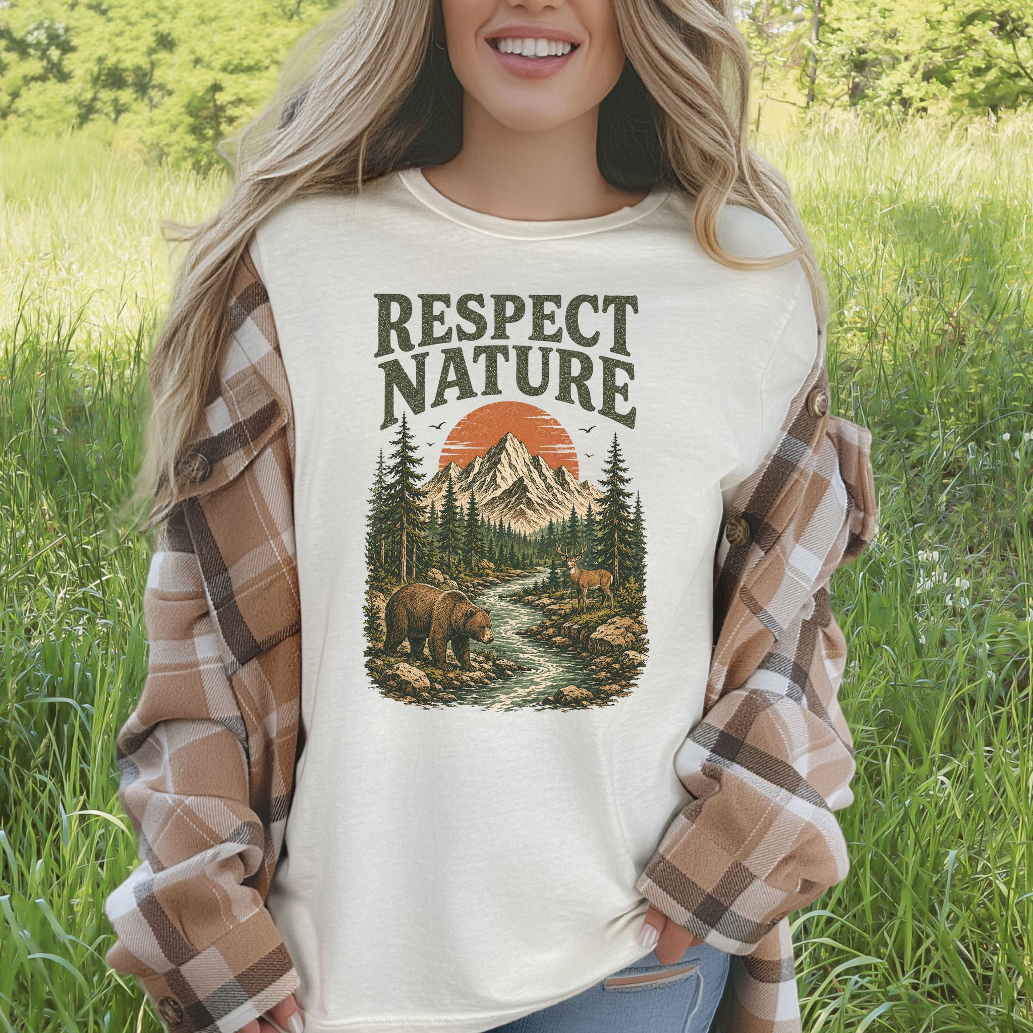 Respect Nature Retro Bear Deer Mountain Wilderness Graphic T-Shirt