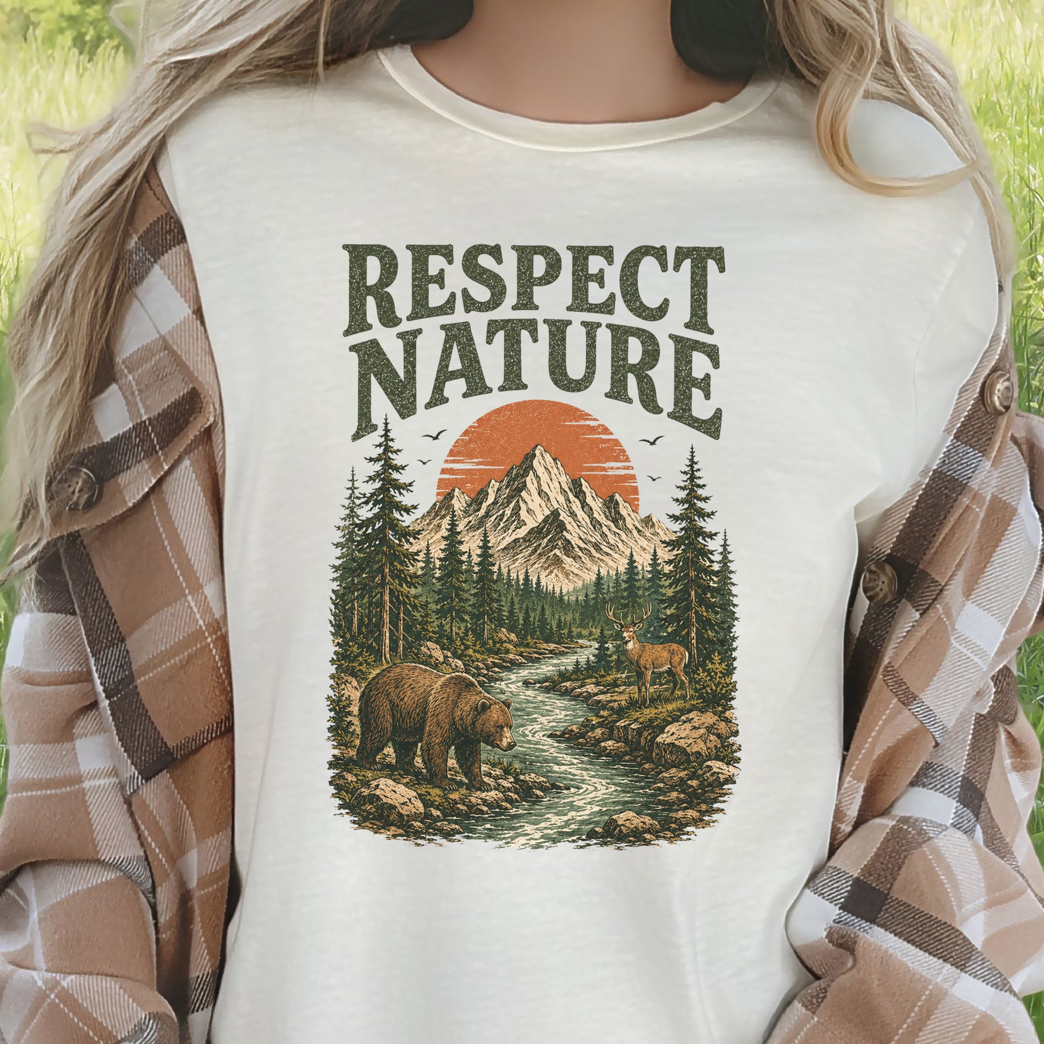 Respect Nature Retro Bear Deer Mountain Wilderness Graphic T-Shirt