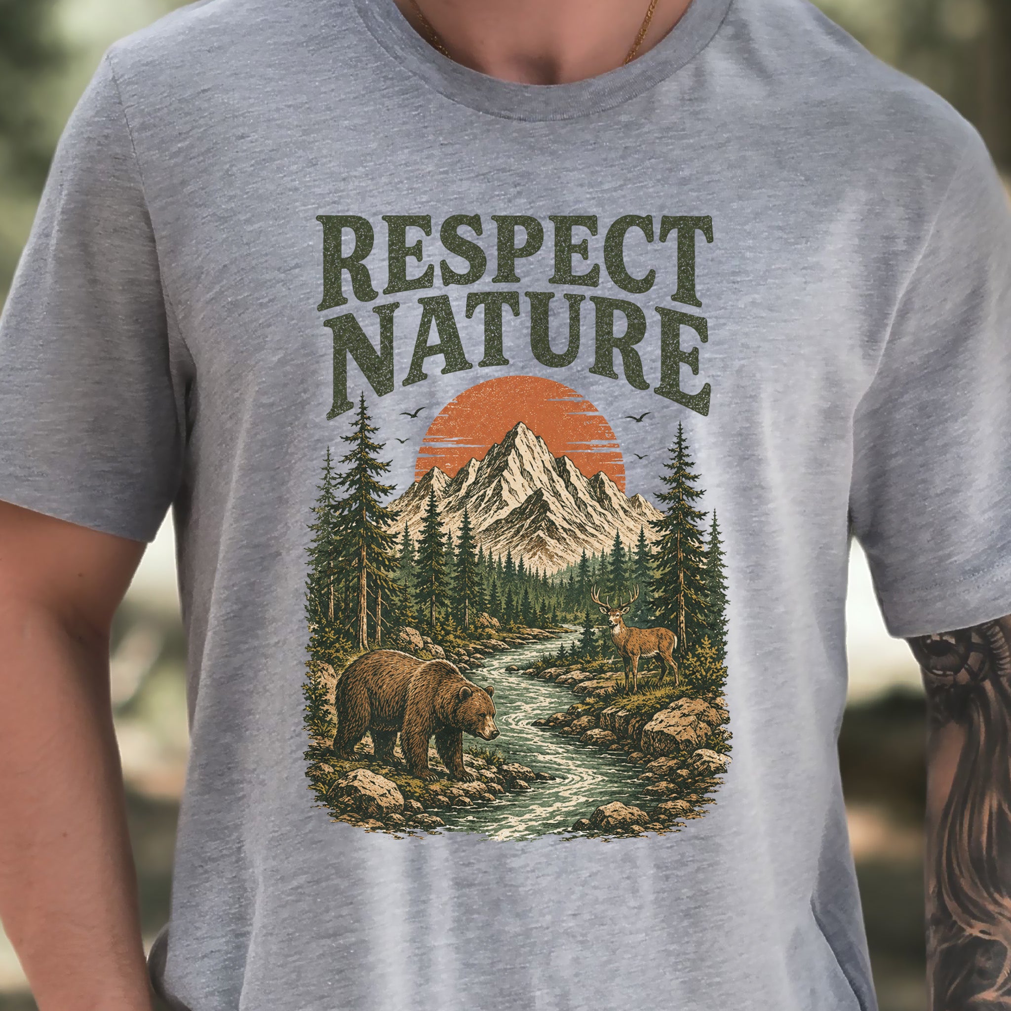 Respect Nature Retro Bear Deer Mountain Wilderness Graphic T-Shirt