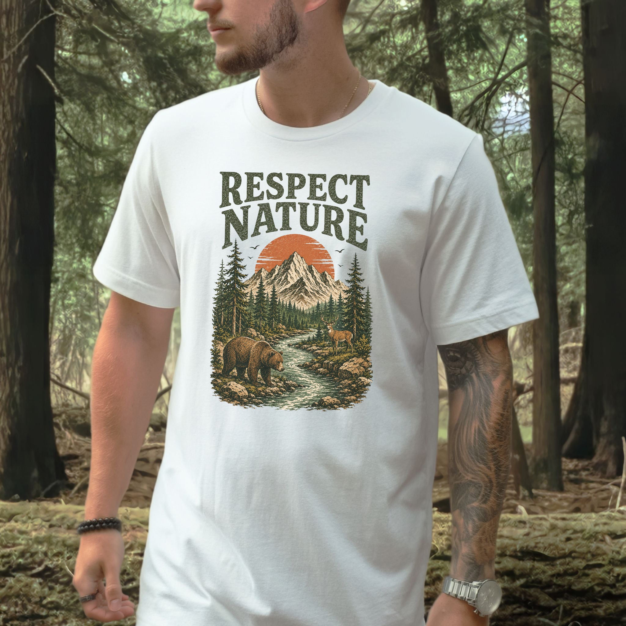 Respect Nature Retro Bear Deer Mountain Wilderness Graphic T-Shirt