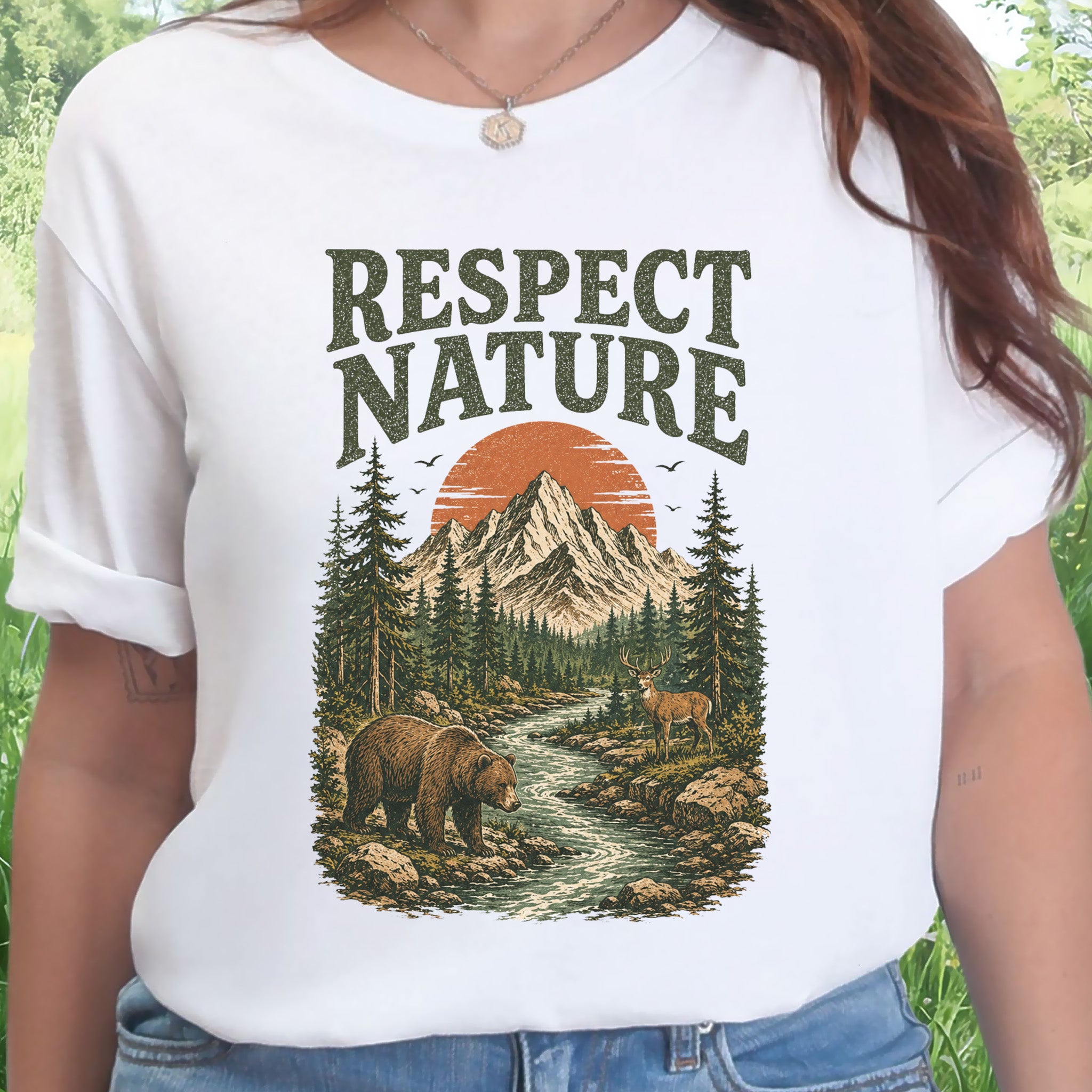 Respect Nature Retro Bear Deer Mountain Wilderness Graphic T-Shirt