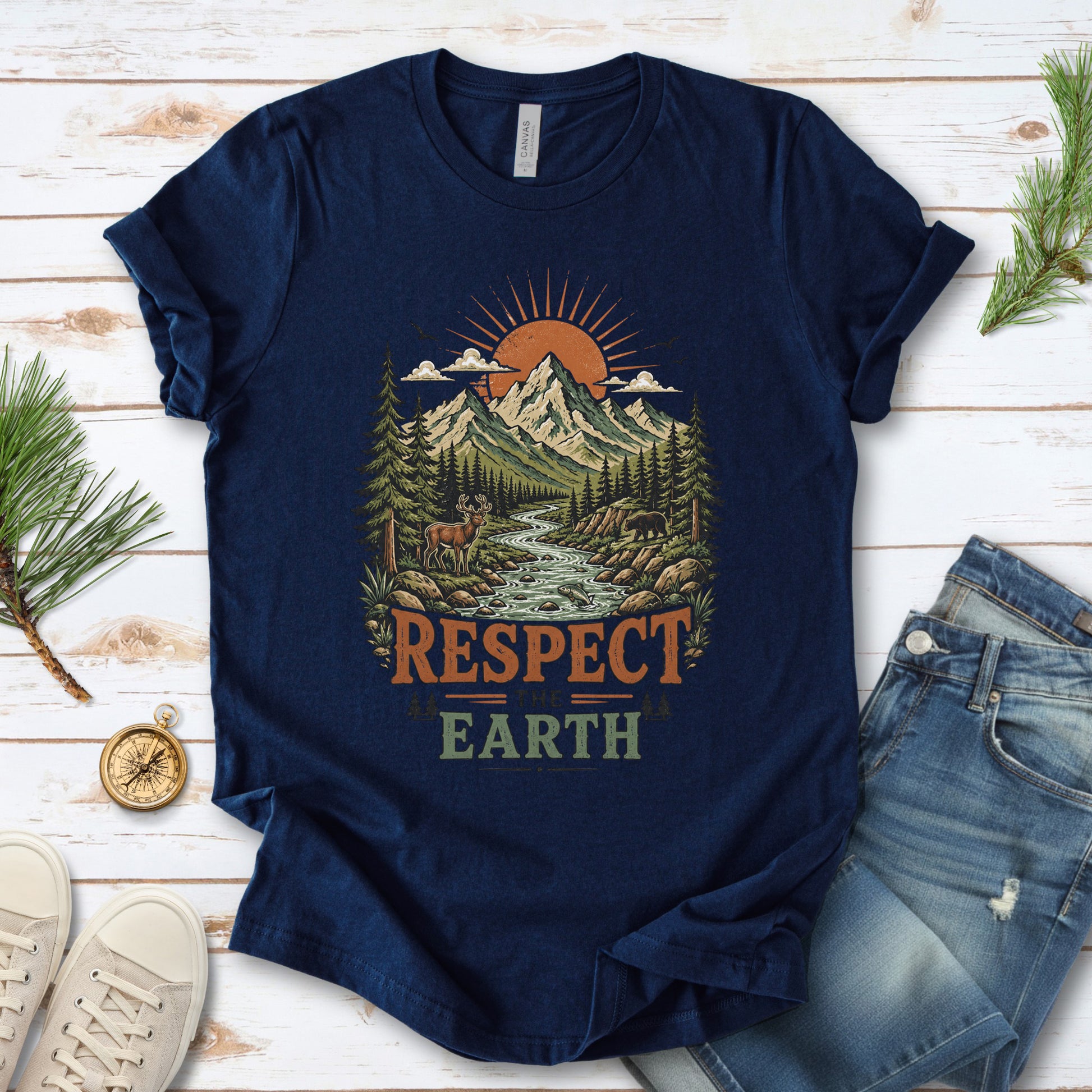 Respect the Earth Retro Mountain Wildlife Nature Lover Eco T-Shirt