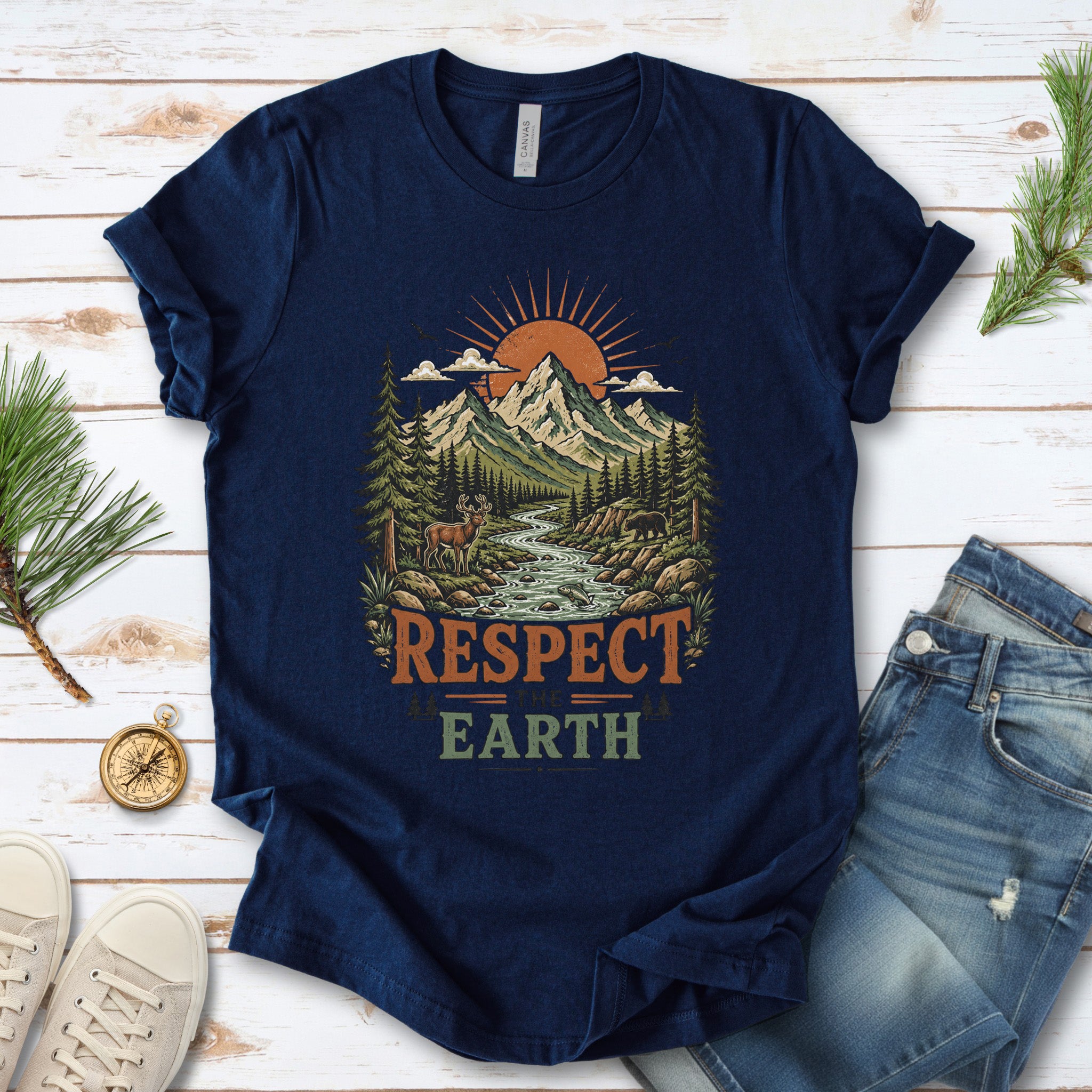 Respect the Earth Retro Mountain Wildlife Nature Lover Eco T-Shirt