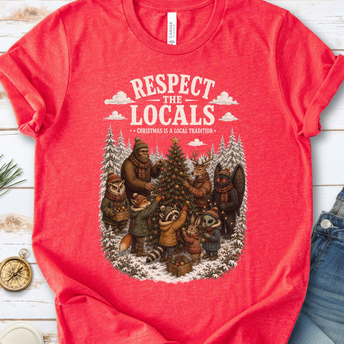 Respect the Locals Christmas Bigfoot Mothman Winter Wildlife T-Shirt
