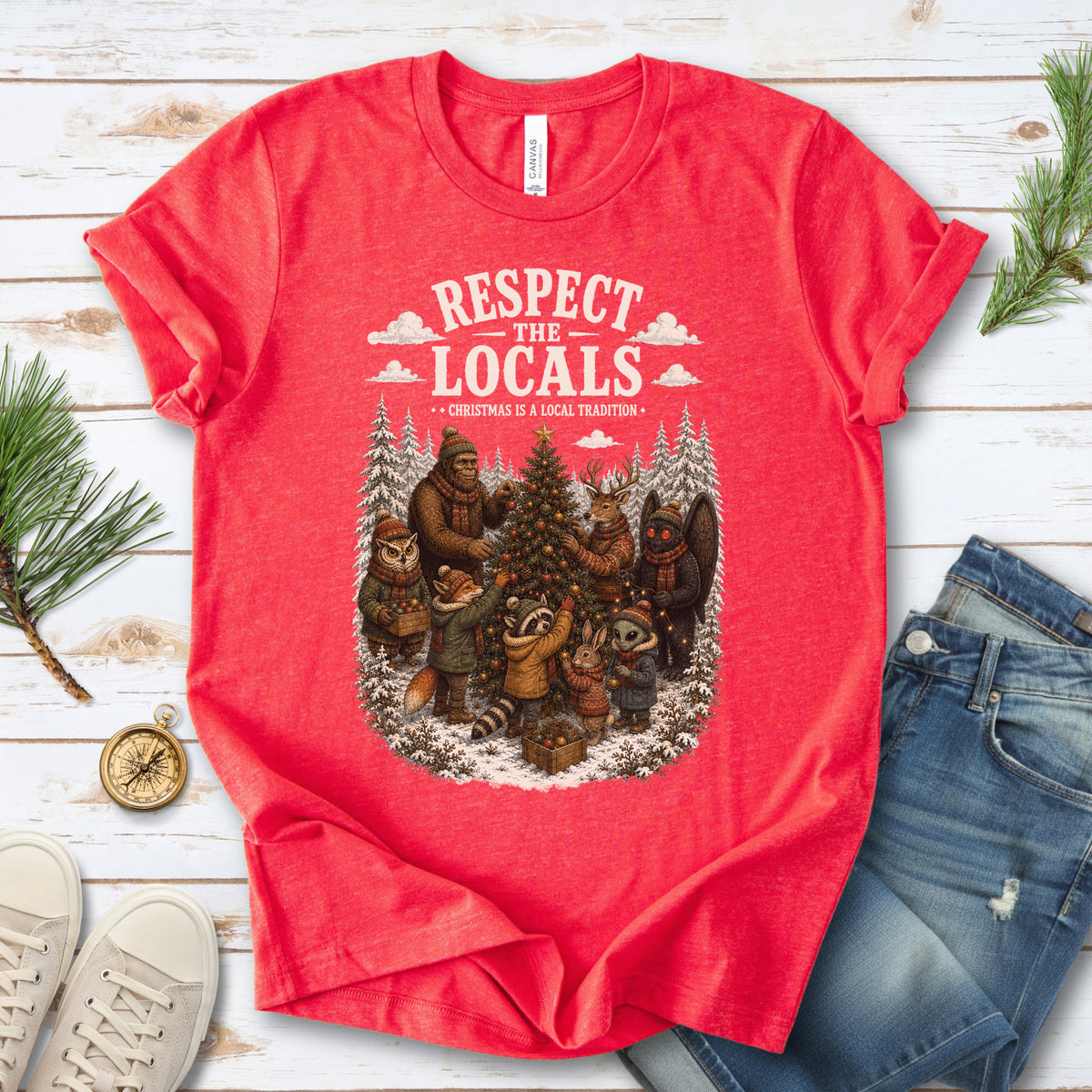 Respect the Locals Christmas Bigfoot Mothman Winter Wildlife T-Shirt